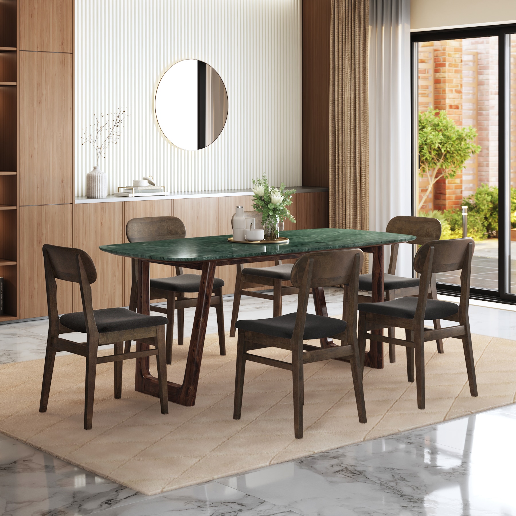 Adria Jade Green Marble 6 Seater Dining Table With 6 Lunar Dining Chairs (Finish : Jade Green, Chair Colour : Urban Grey)