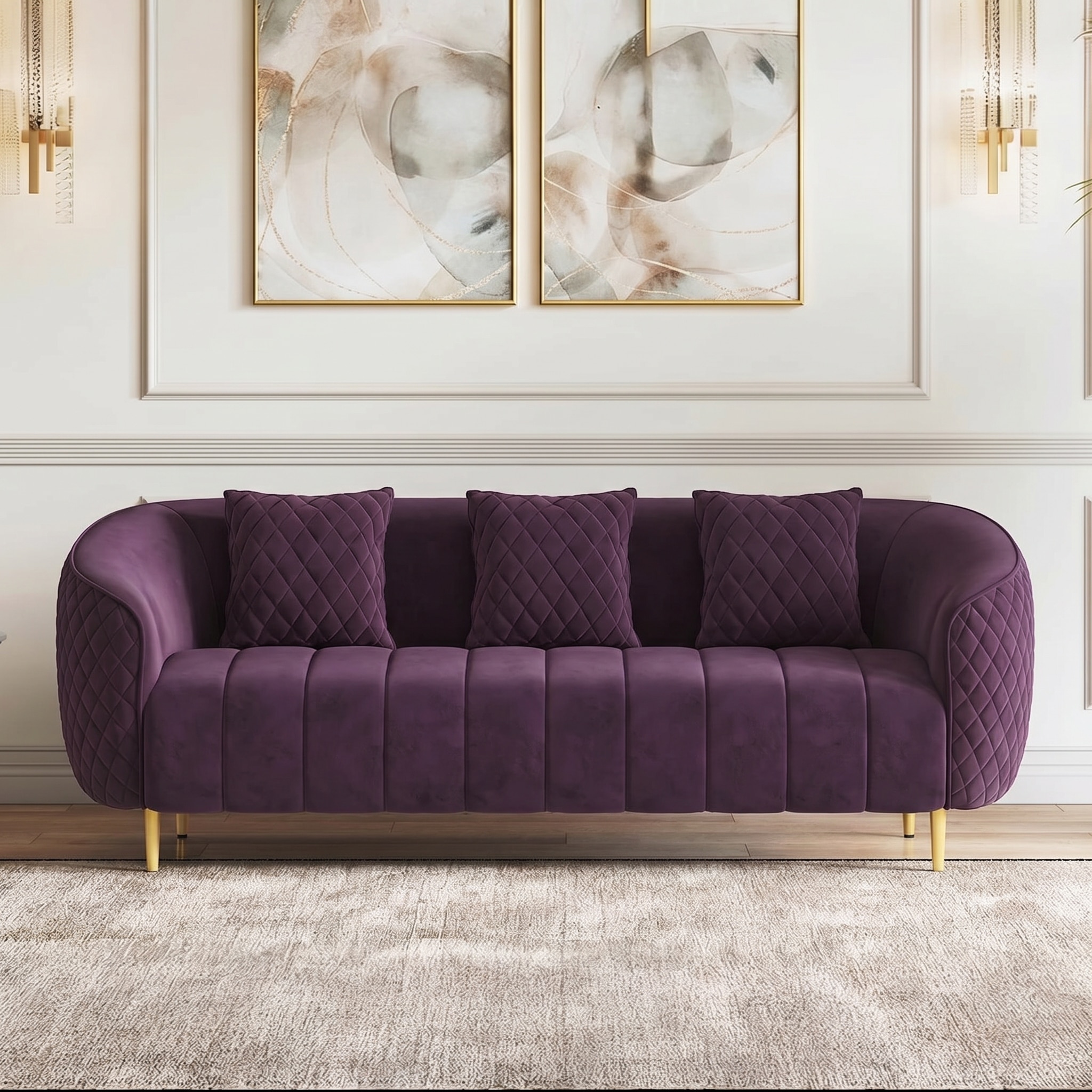 Amora 3 Seater Fabric Sofa In Plumy Purple Velvet Colour - Urban Ladder