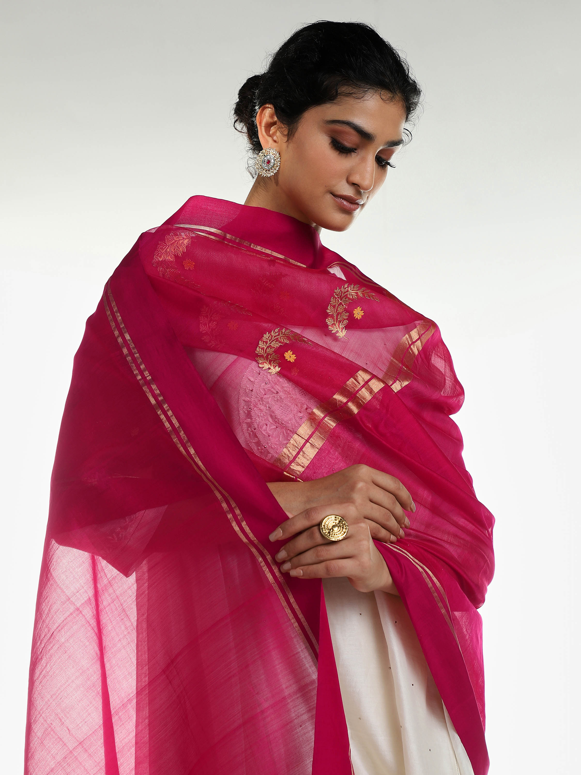 Second alternate side view of fuschia cotton silk Chanderi dupatta showing drape
