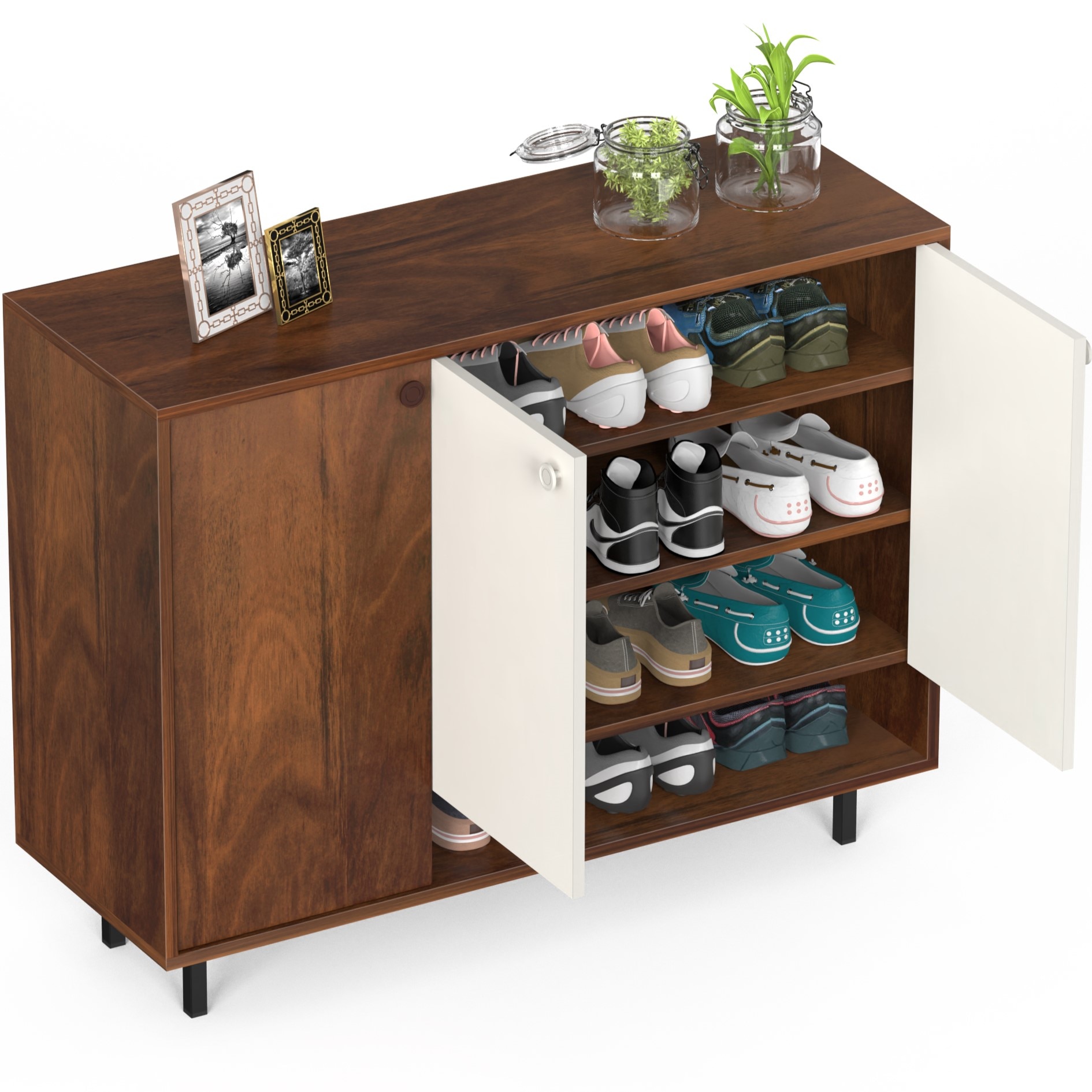 BLUEWUD Prorage Engineered Wood Dual Tone 3 Doors Shoe Rack Cabinet Slipper Footwear Stand Organizer with Additional Open Shelve, Up to 16 Pairs for Living Room Hallway Home (Brown Maple & White)