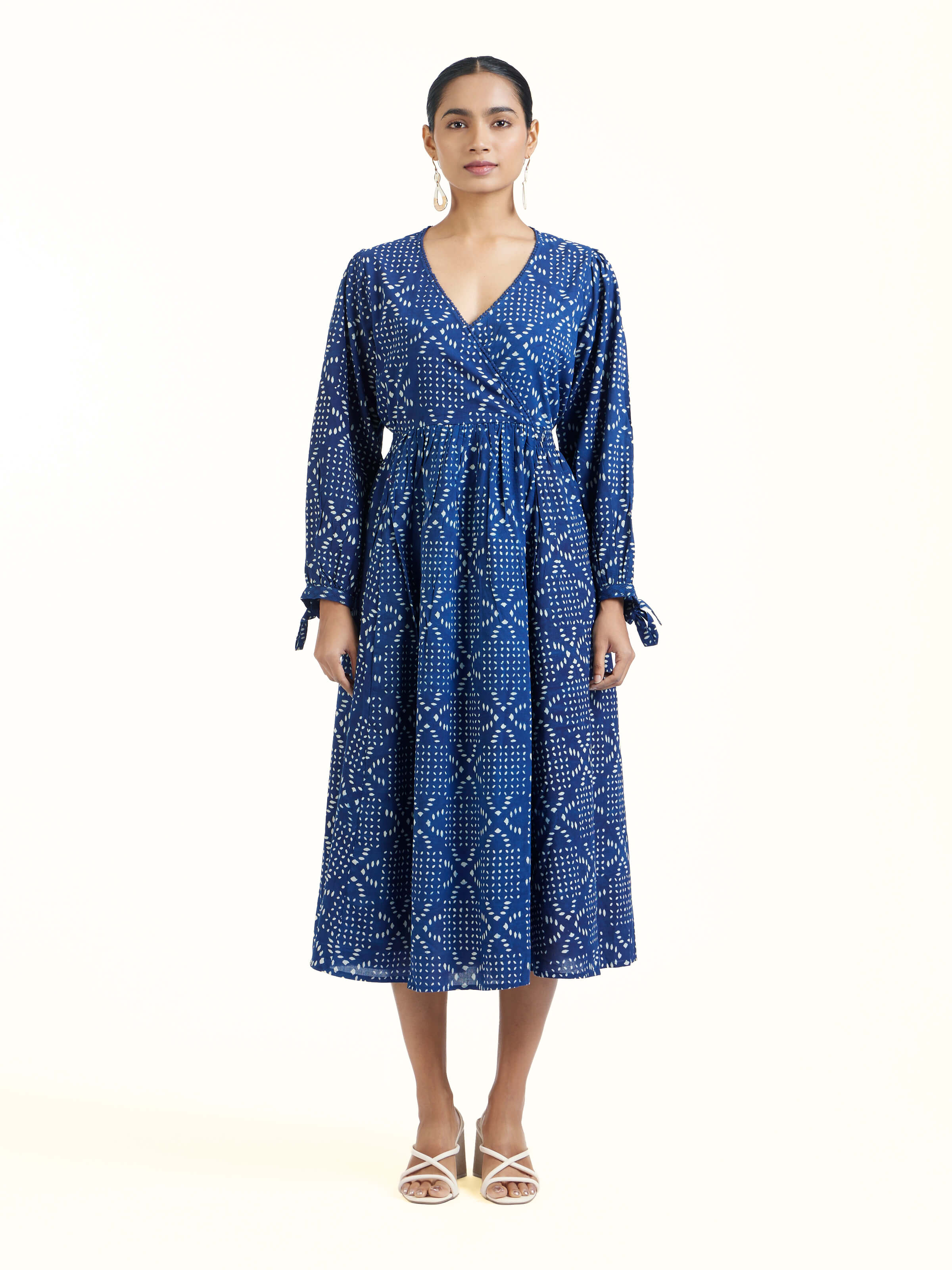 Front view of Samika cotton dabu block printed dress with handcrafted motifs