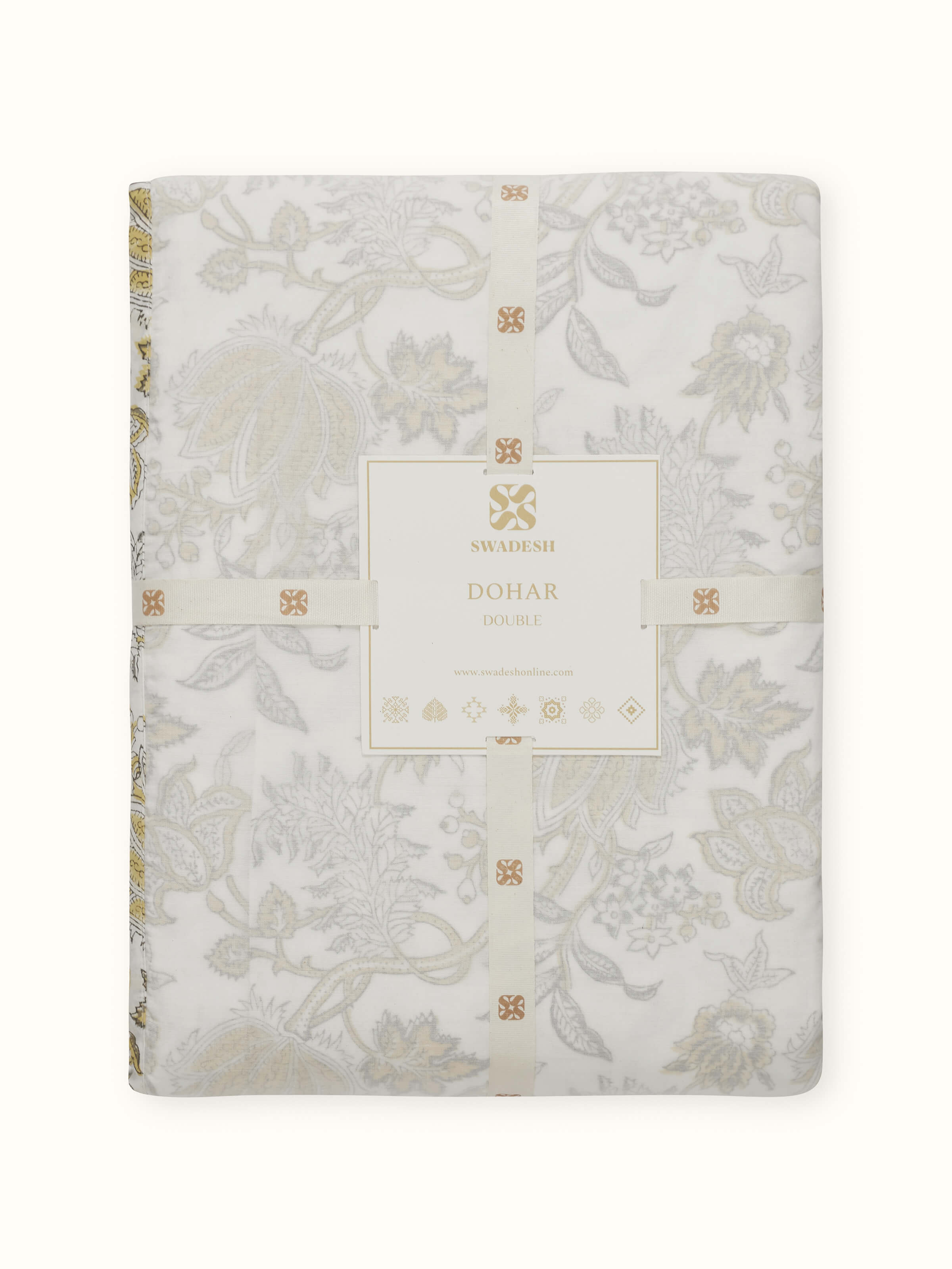 Back view of Kairavam yellow floral dohar – reversible cotton quilt design.