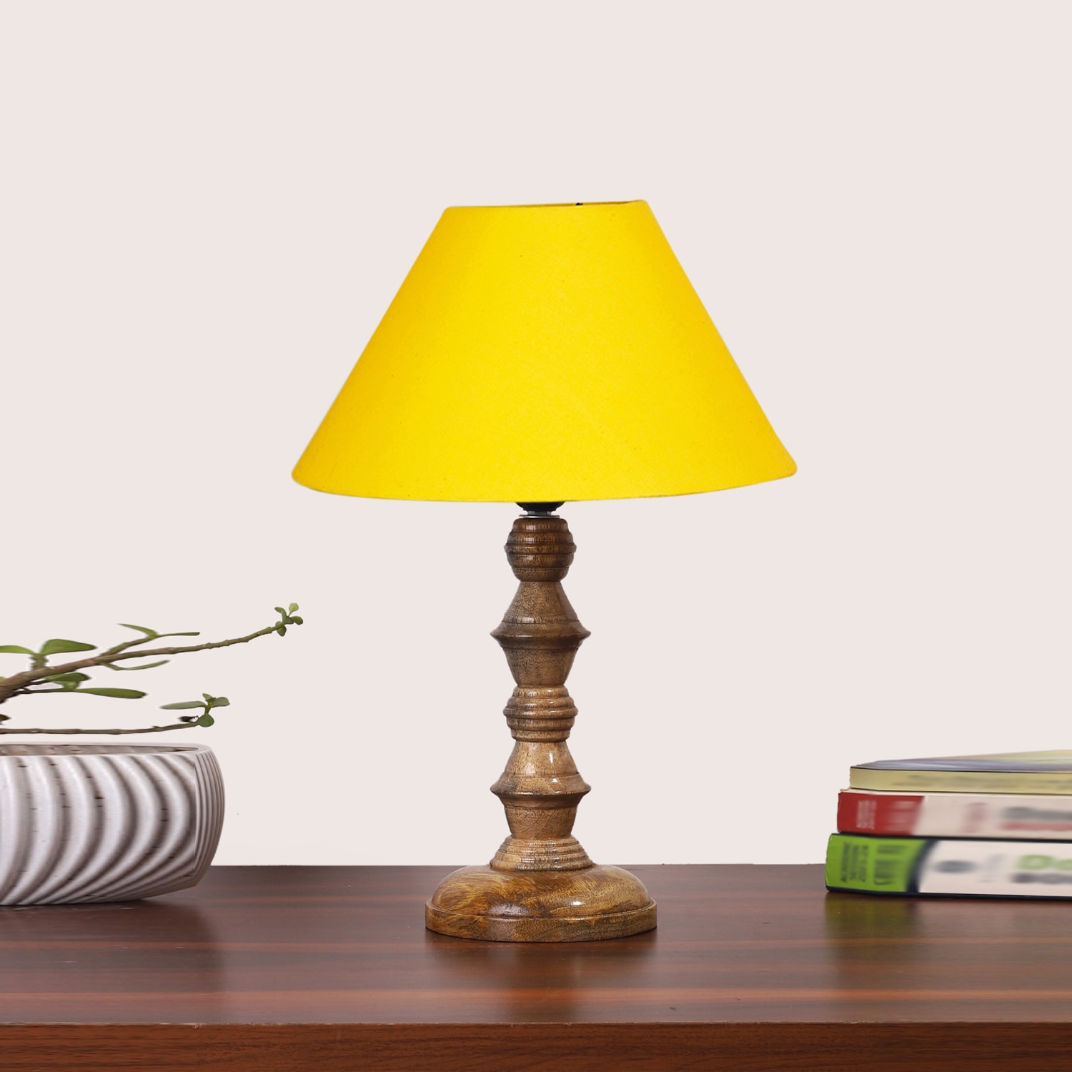 Devansh Yellow Cotton Table Lamp With  Wood Natural Base (10X10X16) Inches)-31