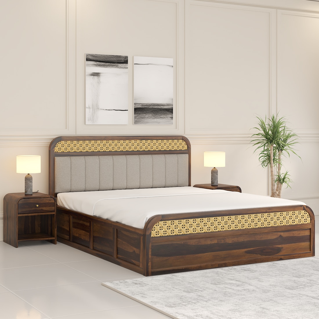Floral Solid Wood King Size Hydrulic Storage Bed In Provincial Teak Finish Beige 72x78 inch - Woodenmood