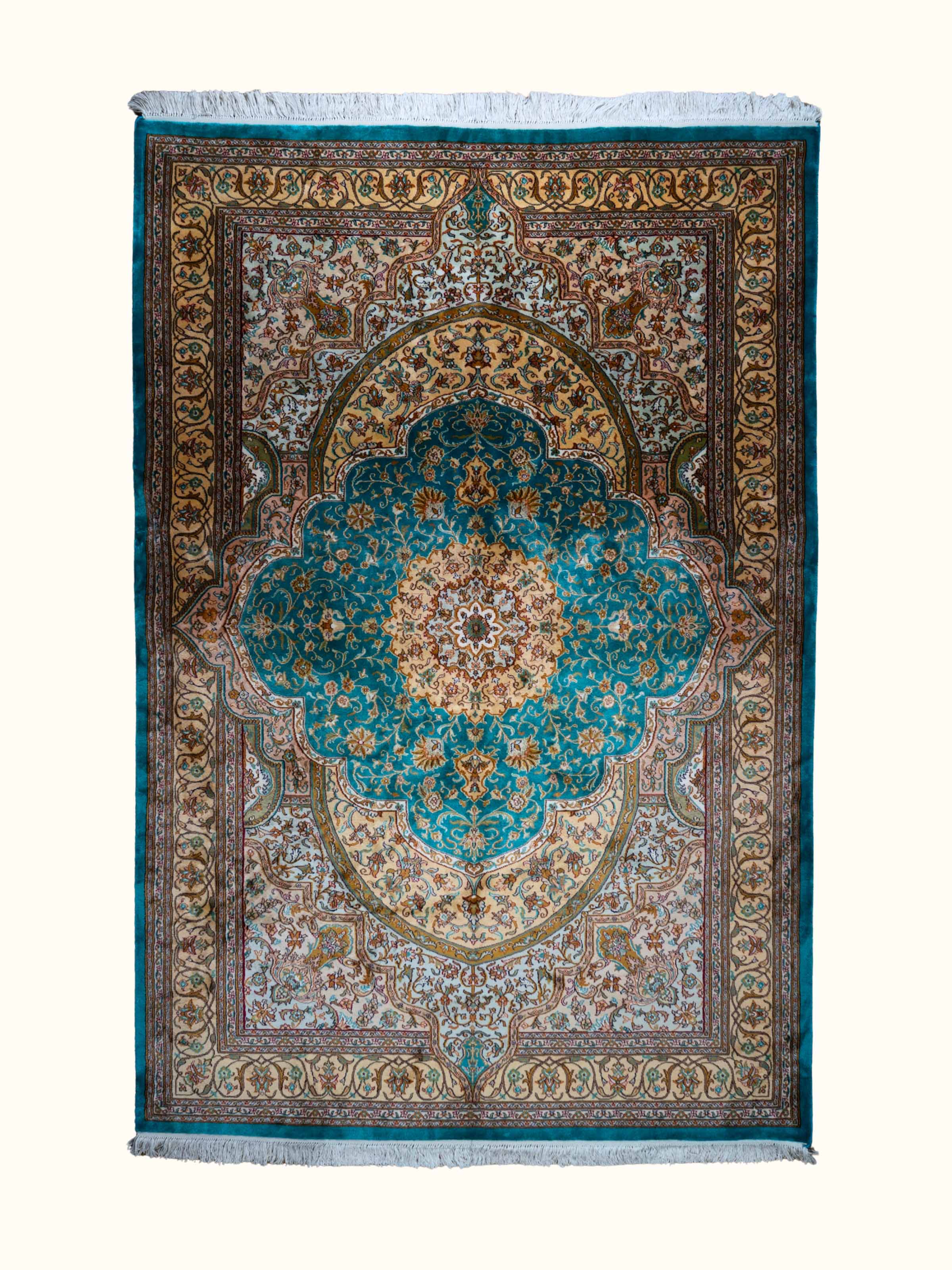 Traditional Persian Blue Tabriz Kashmir Silk Hand-Knotted Carpet