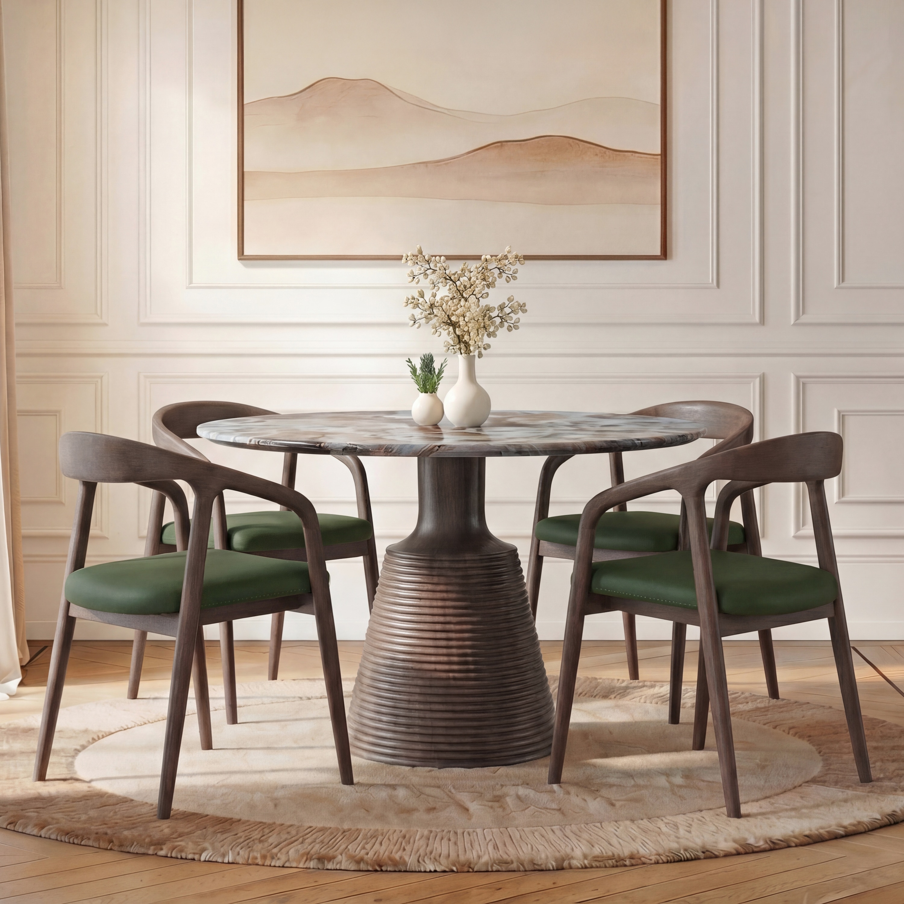 Massa Solid Wood And Sanwar 4 Seater Round Dining Table with 4 Zen Solid Wood Dining Armchair in (Finish: Danish Walnut, Colour: Olive Leatherette) - Urban Ladder