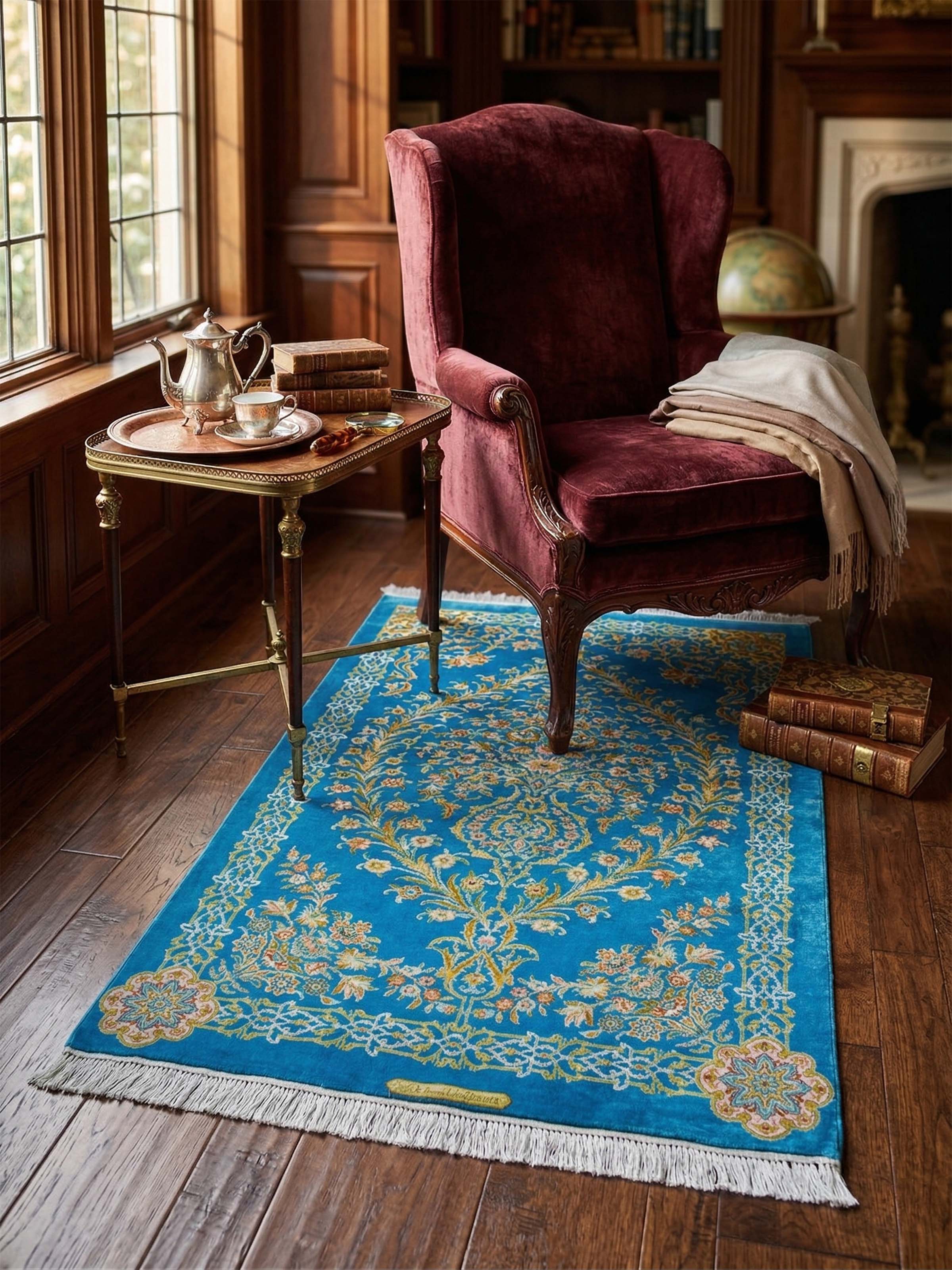Traditional Persian Turquoise Guldani Kashmir Silk Hand-Knotted Carpet