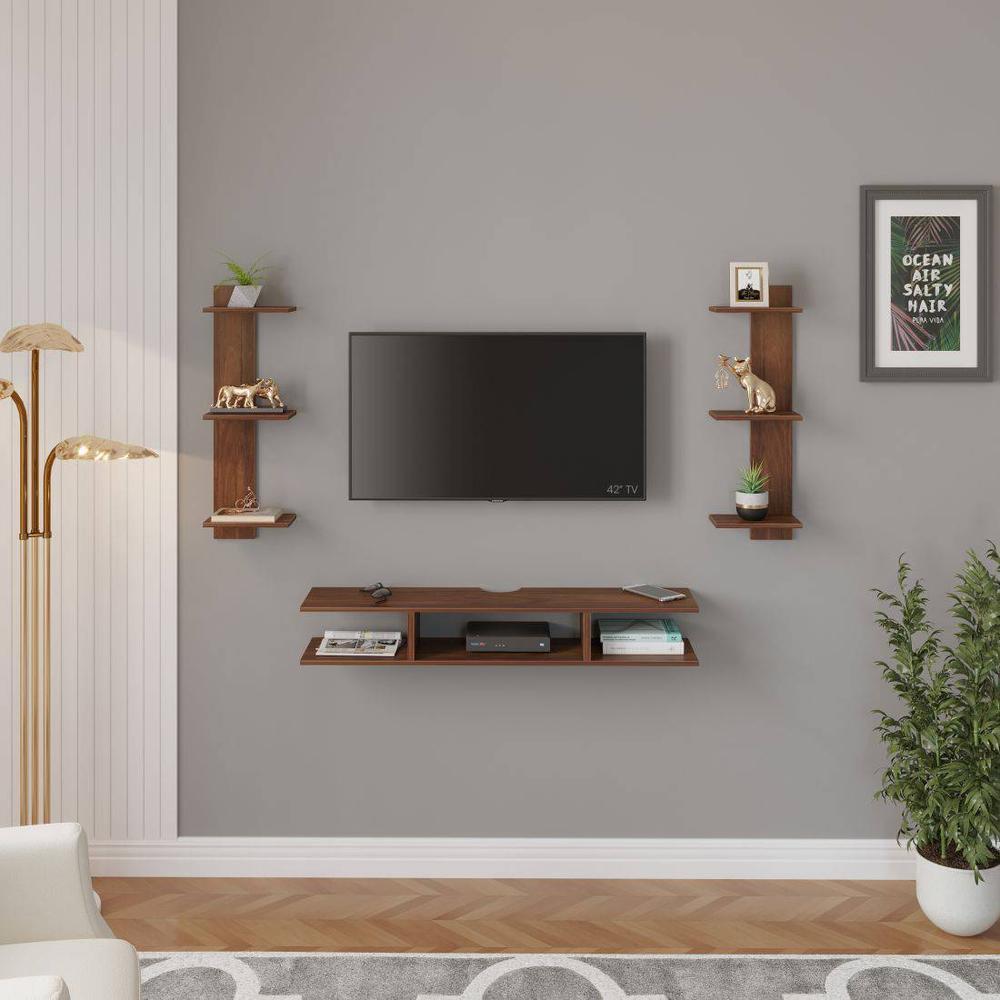 Estoye Mini Engineering Wood Wall Mount TV Entertainment Unit Set Top Box Stand/TV Cabinet with Shelves for Books & Decor Display Unit Bed Living Room Upto 32 Inches (Brown Maple)