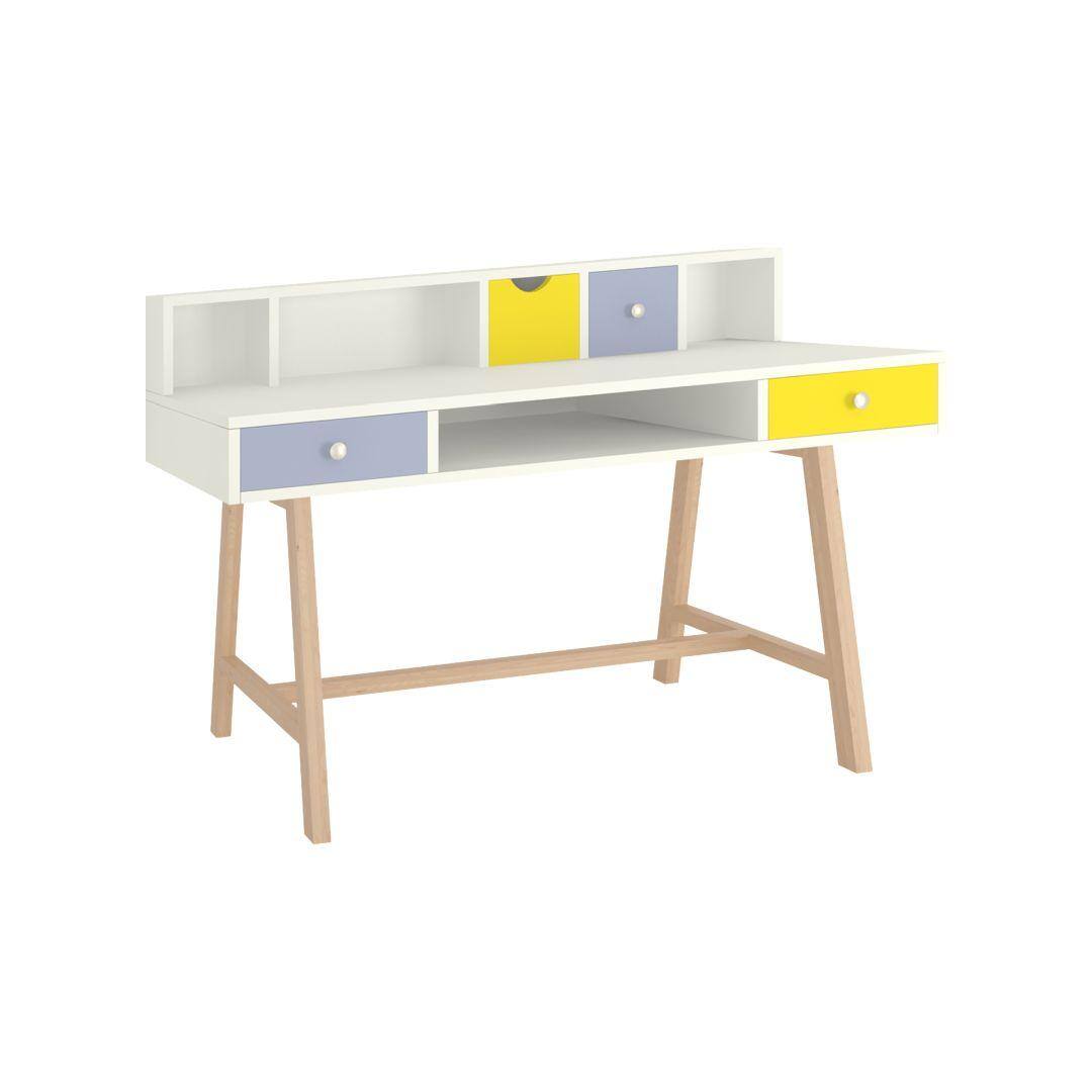 Samara Solid Wood Large 2 Level Study Desk with Drawers Shelves and Tapered Frame in Davy Grey Sunshine Yellow Colour