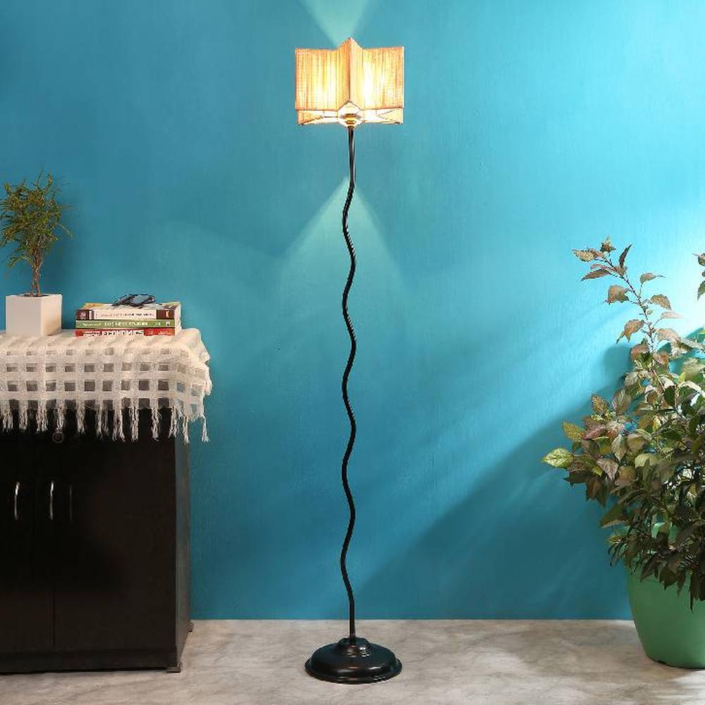 Roy Beige Bamboo Floor Lamp with Black Iron Base