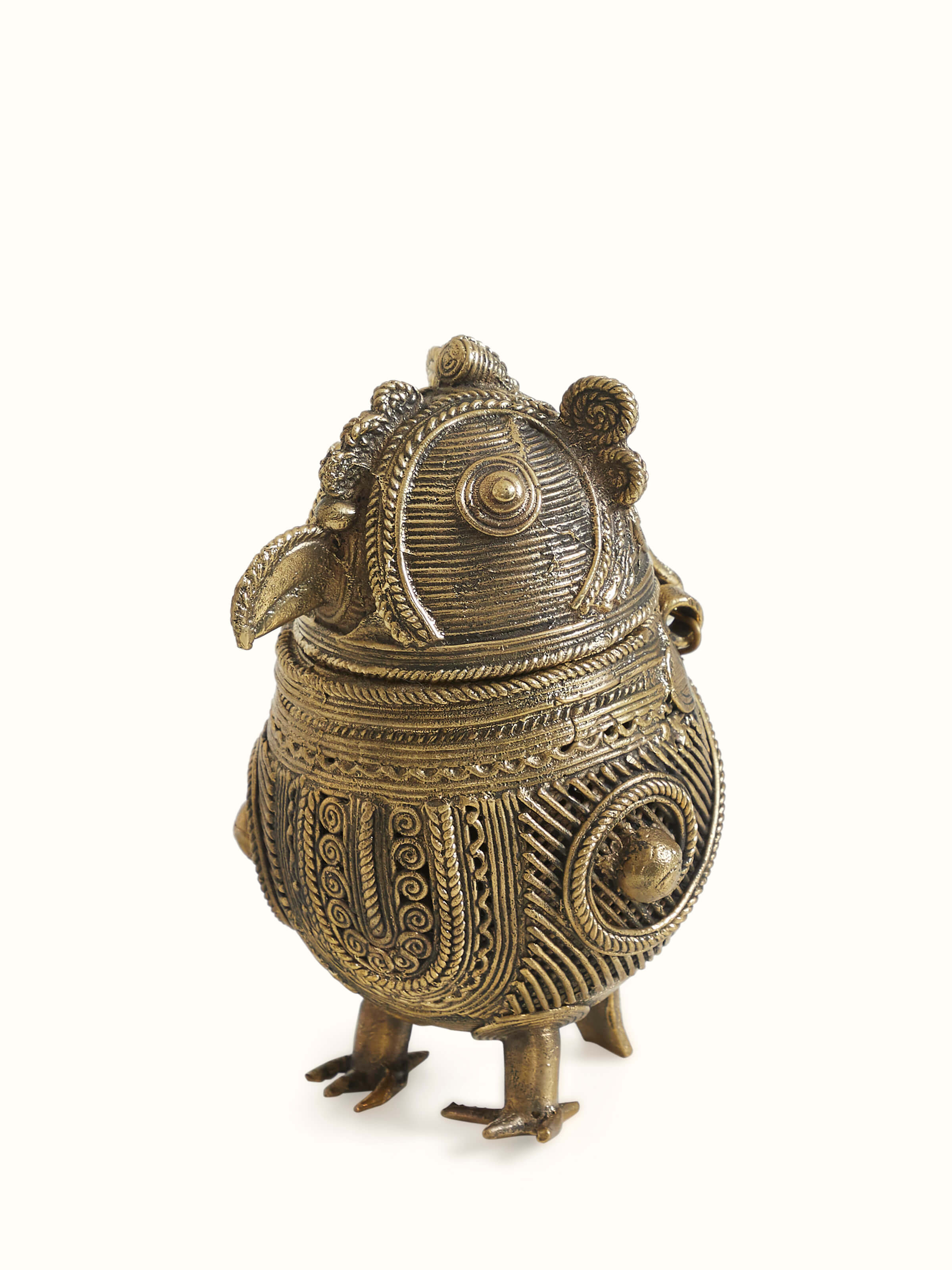 Decorative Dhokra brass owl box with intricate handcrafted patterns – perspective view