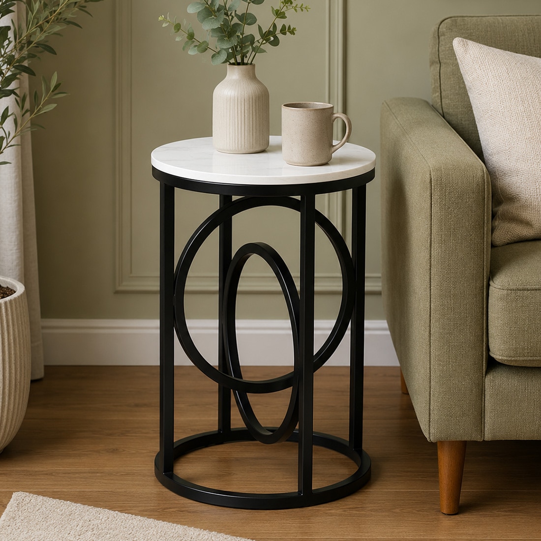 Metality White Porcelain Top End Table Black Finish - Bhavya Exports