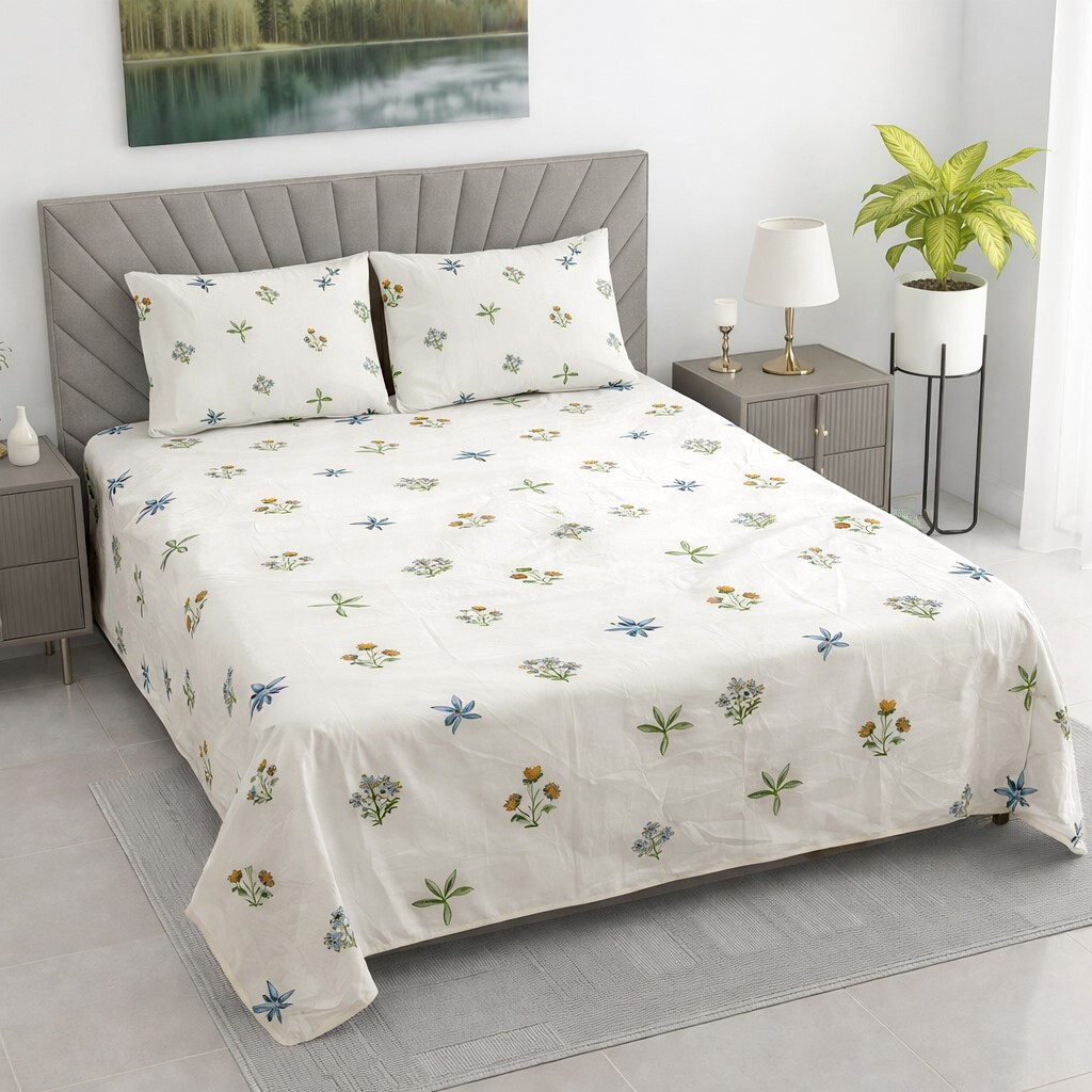 Dina White Floral 400 TC Cotton Flat Super King Size Bedsheet with 2 Pillow Covers – Threads - Threads