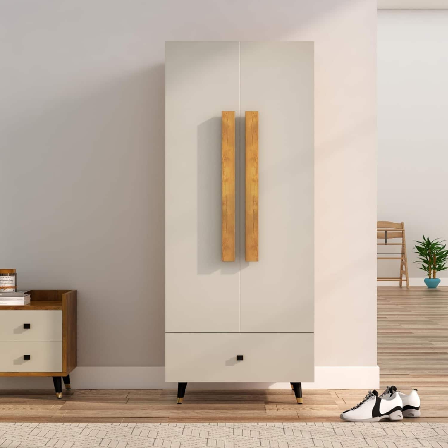 Hexa Red Wooden 2 Door Wardrobe with Drawer and Hanging Space in Giant Wood and Frosty White Colour - HexaRed