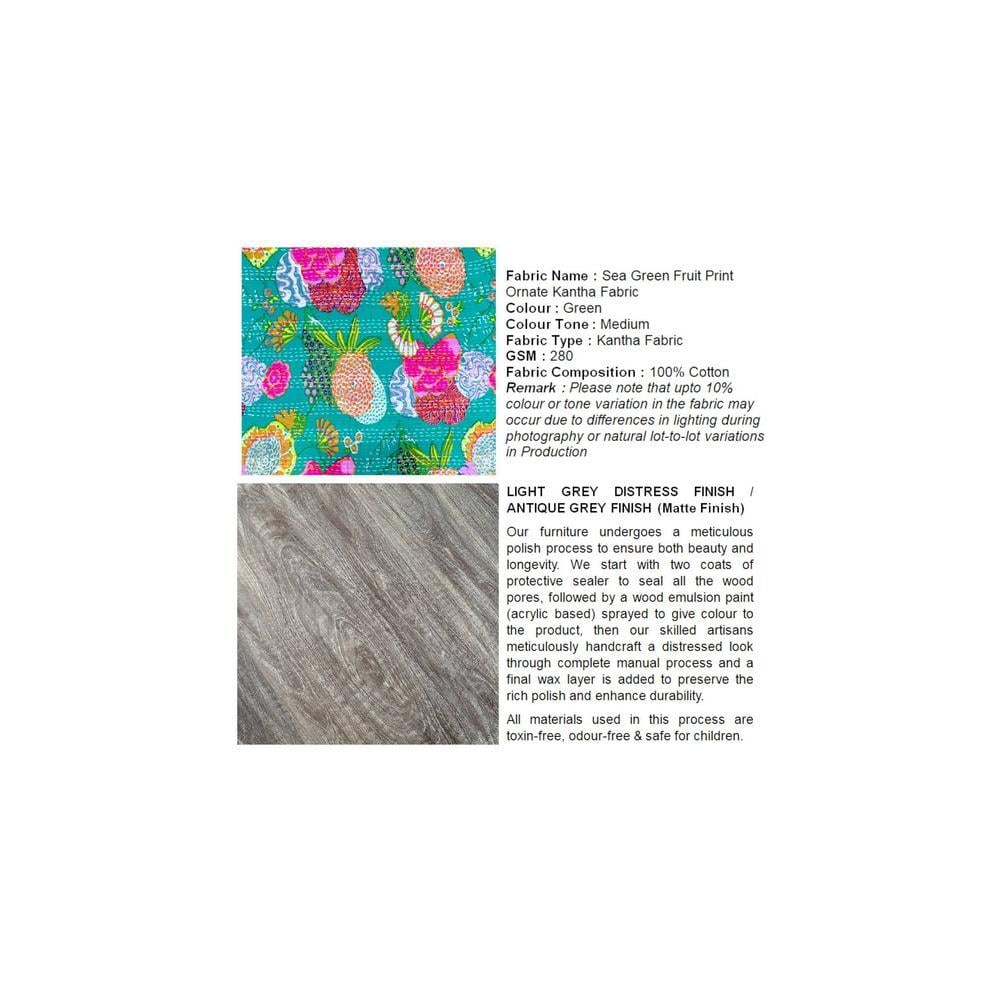 Nashville Sheesham Wood 4 Seater Coffee Table Set In Antique Grey Finish Floral Print Green Kantha Cushion