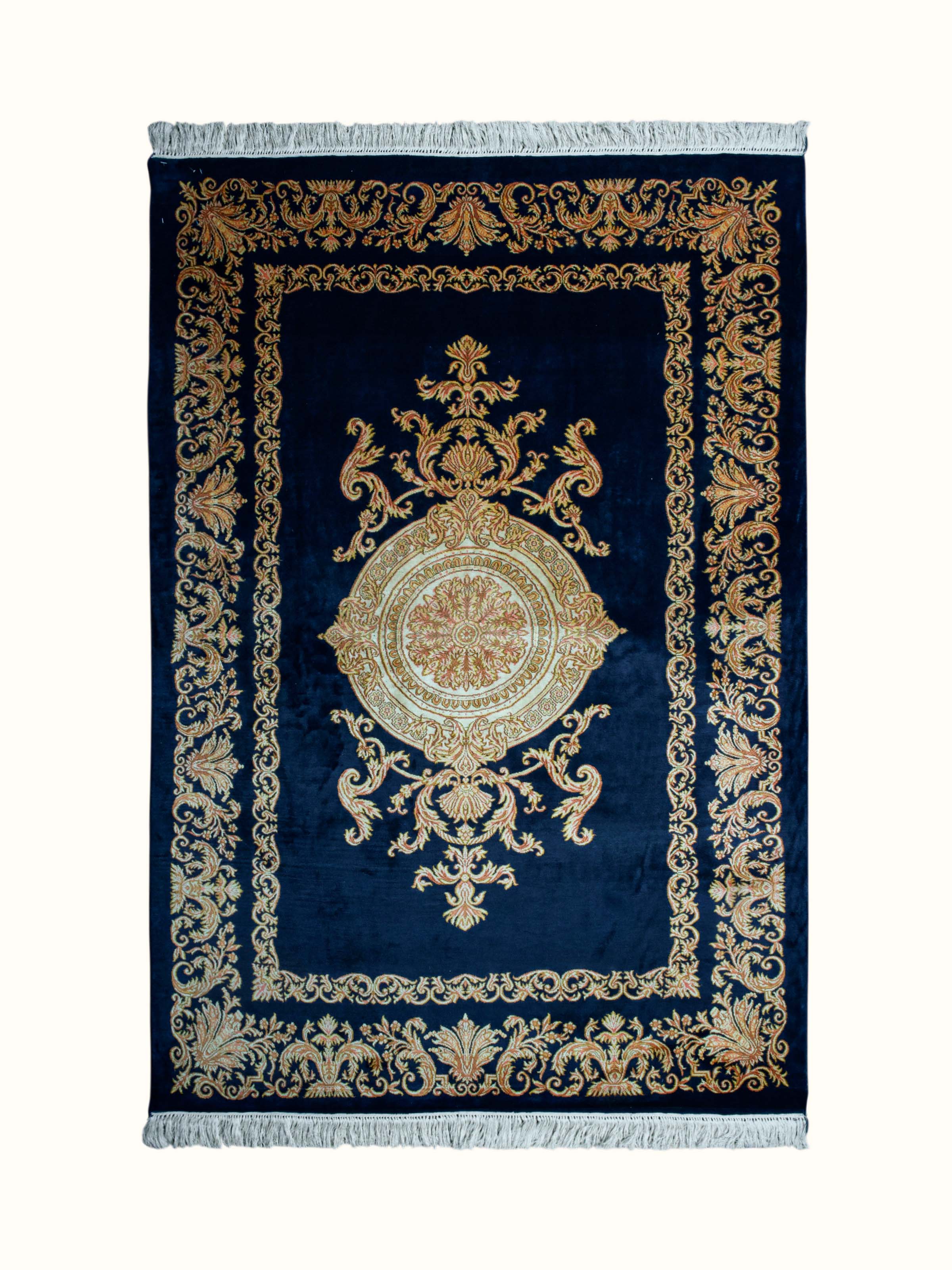 Traditional Persian Navy Opan Kashmir Silk Hand-Knotted Carpet