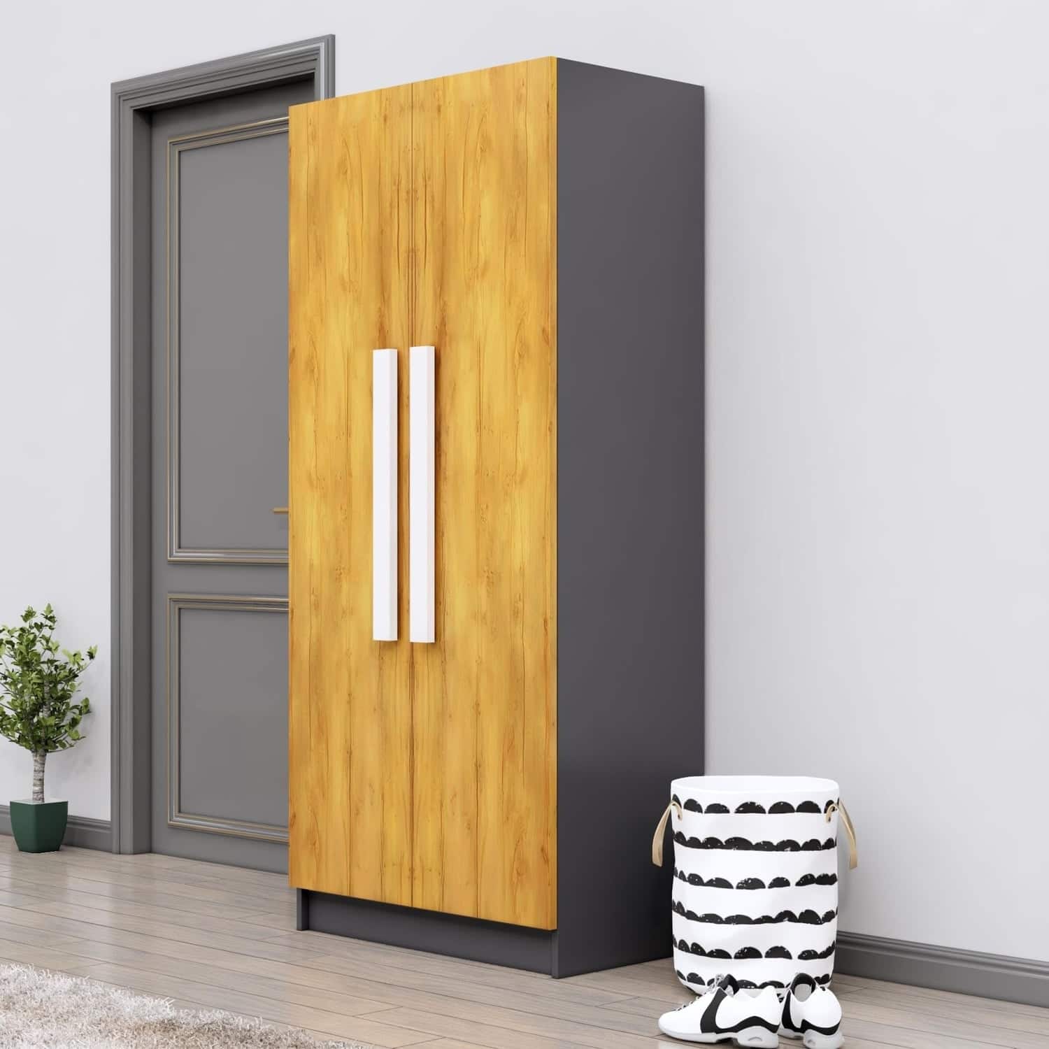 Hexa Red Wooden 2 Door Wardrobe with 4 Shelves in Slate Grey and Giant Wood Colour - HexaRed