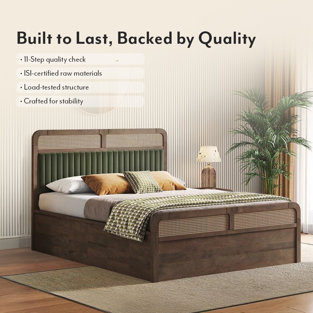 Hanoi Solid Wood Cane Queen Size Hydraulic Storage Bed In Danish Walnut Finish with Deep Olive Colour