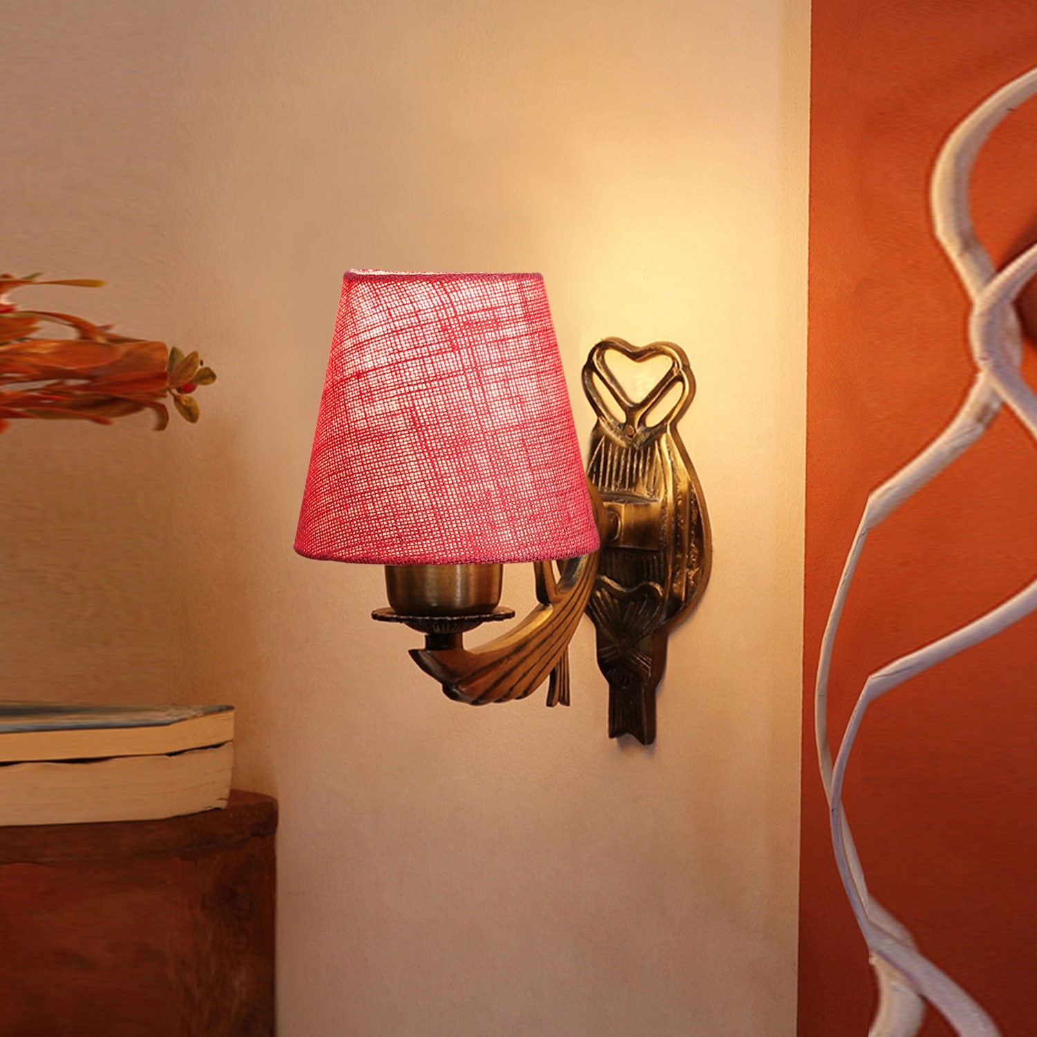 Devansh Metal Electric Wall Light in Antique Gold Colour with Pink Shade Count of 1 Light - Devansh