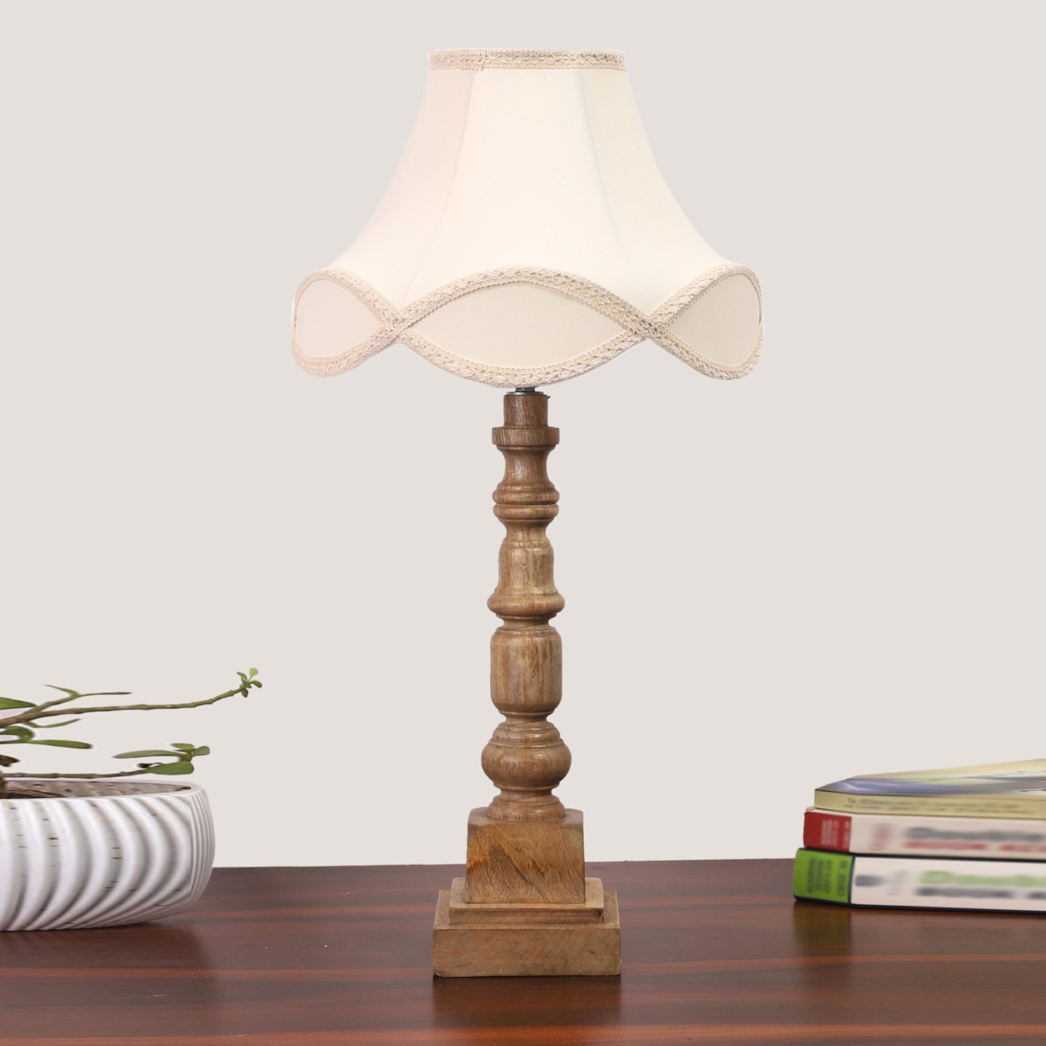 Devansh Off-White Cotton Vintage  Lamp With Wood Base ((12X12X23.25) - Devansh