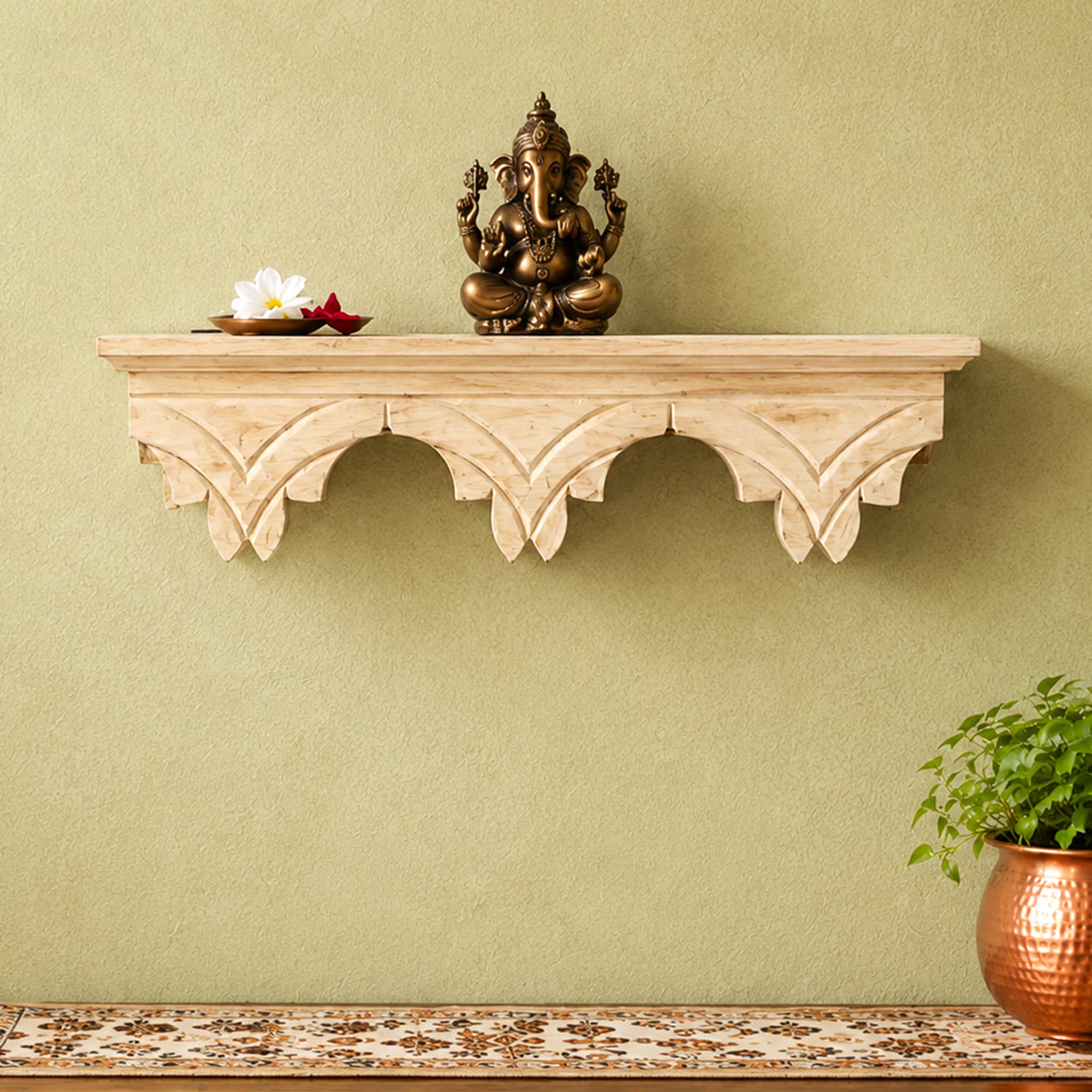 Multishade Colour Solid Wood Handcarved Shikhara Floating Wall Shelf with distres finish by DisooFashions - Disoo Fashions