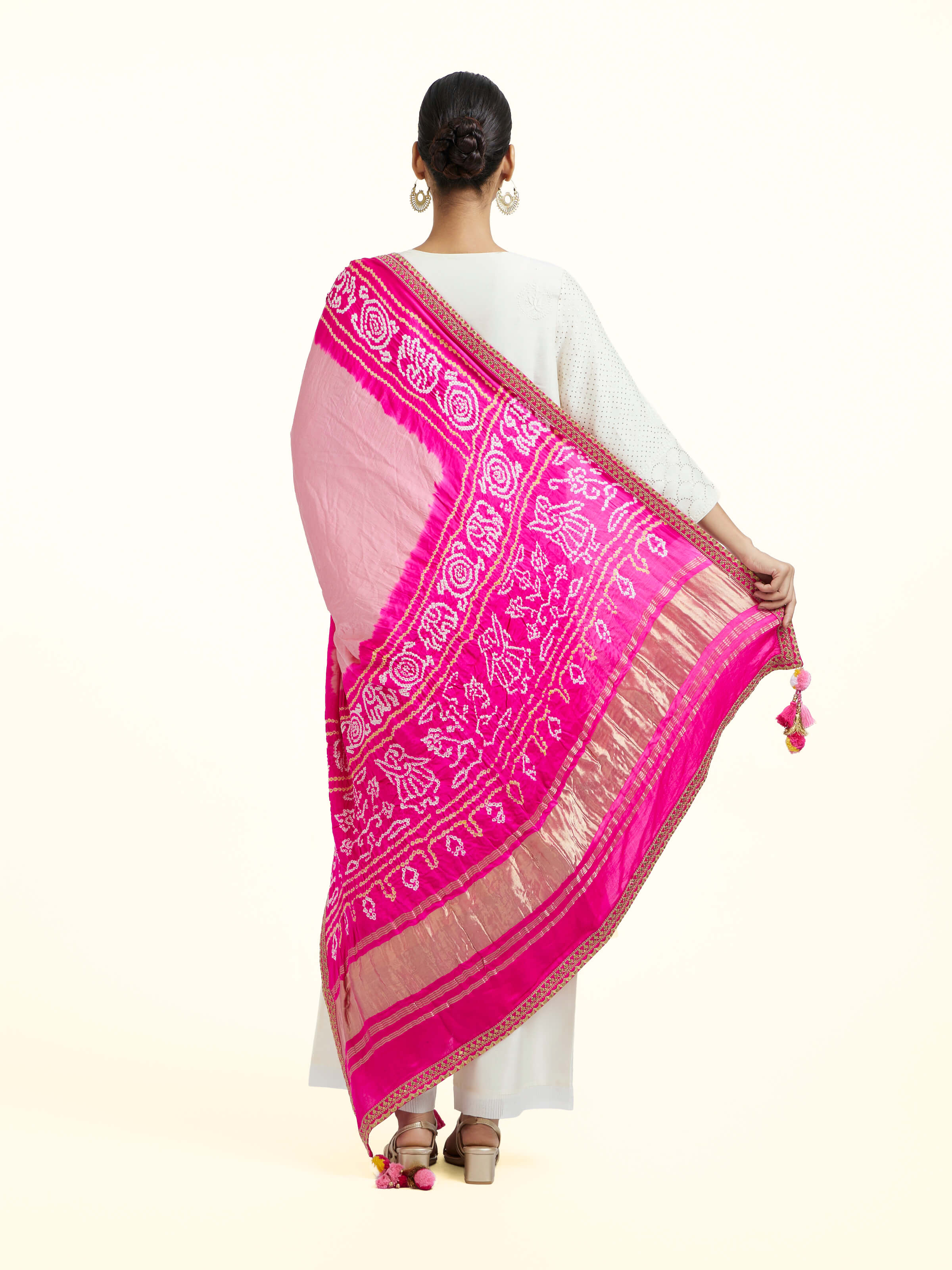 Pink Silk Bandhani Zardozi Embroidered Dupatta
