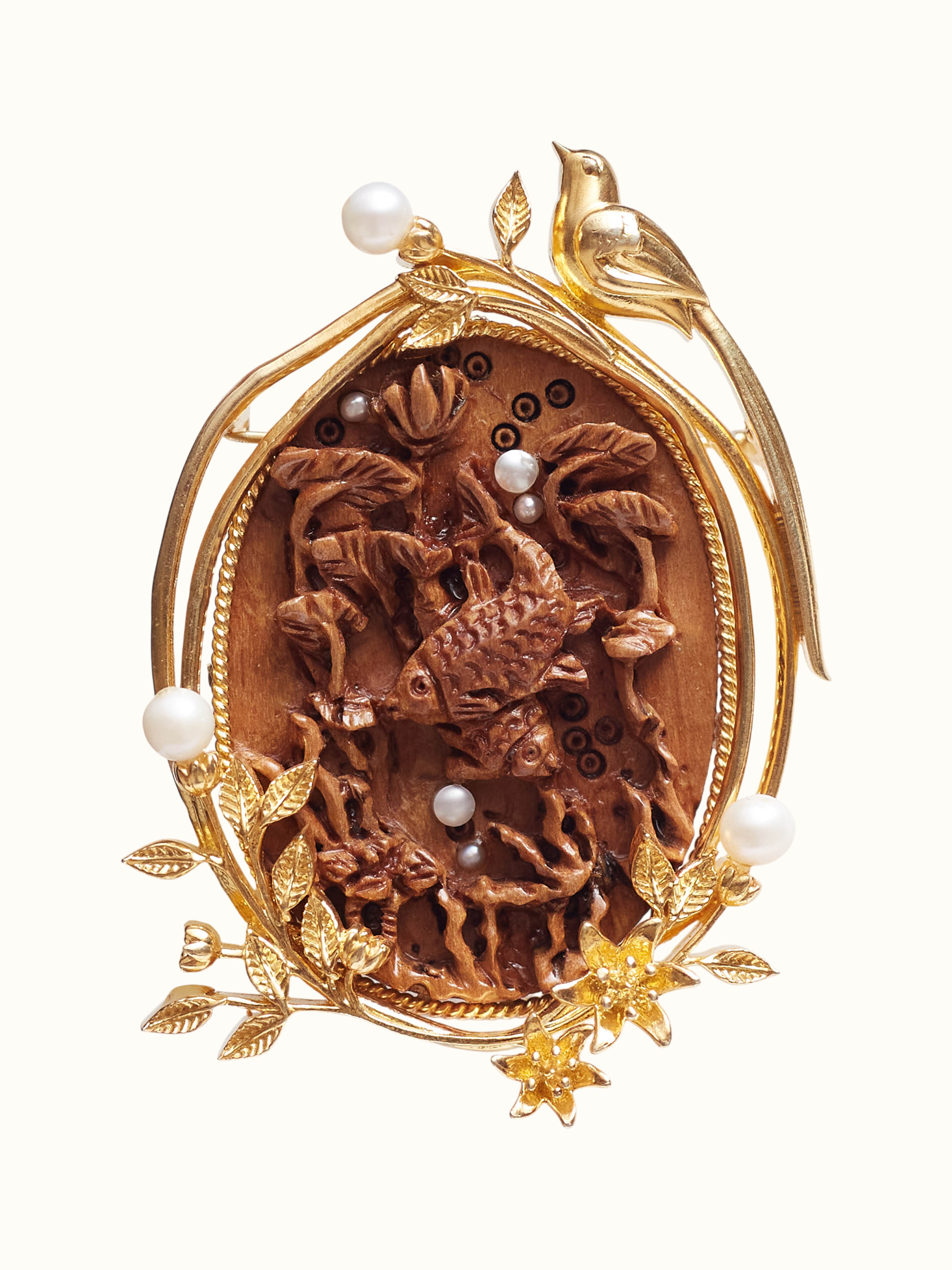 Front view of Carved Wood & Silver Pendant & Chain