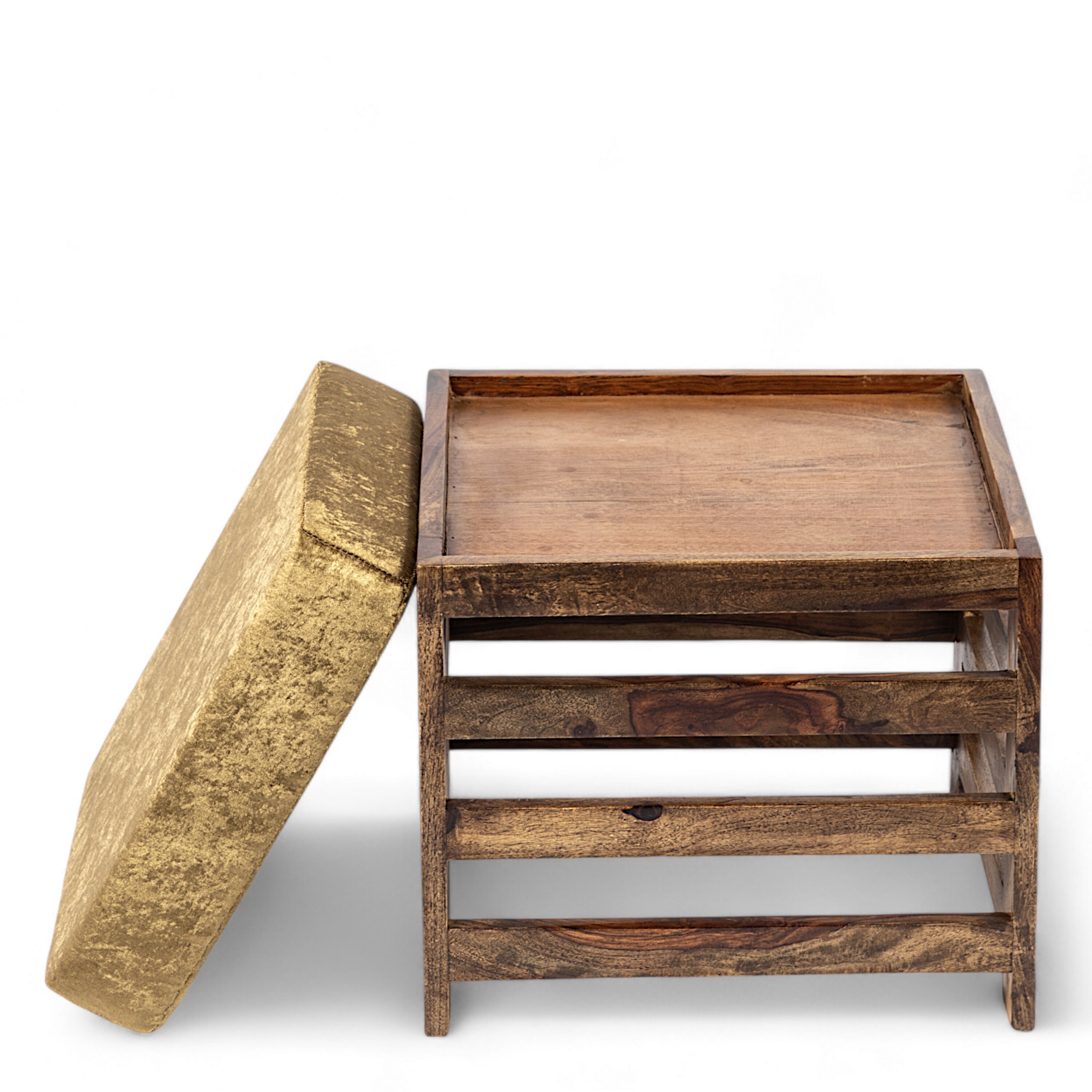 Houston Sheesham Wood Contemporary Set of 2 Stools in Green Sparkle Velvet, Teak Finish