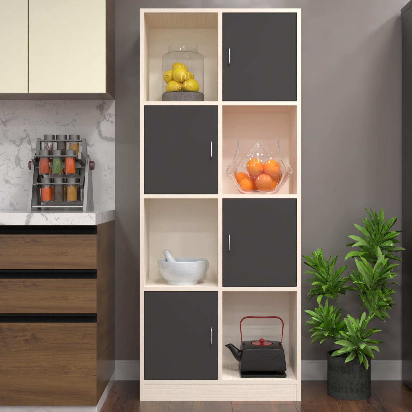 8 Shelves Semi Open Multipurpose Matrix Kitchen Cabinet In Slate Grey & Highland Pine Finish - Speciality Panels