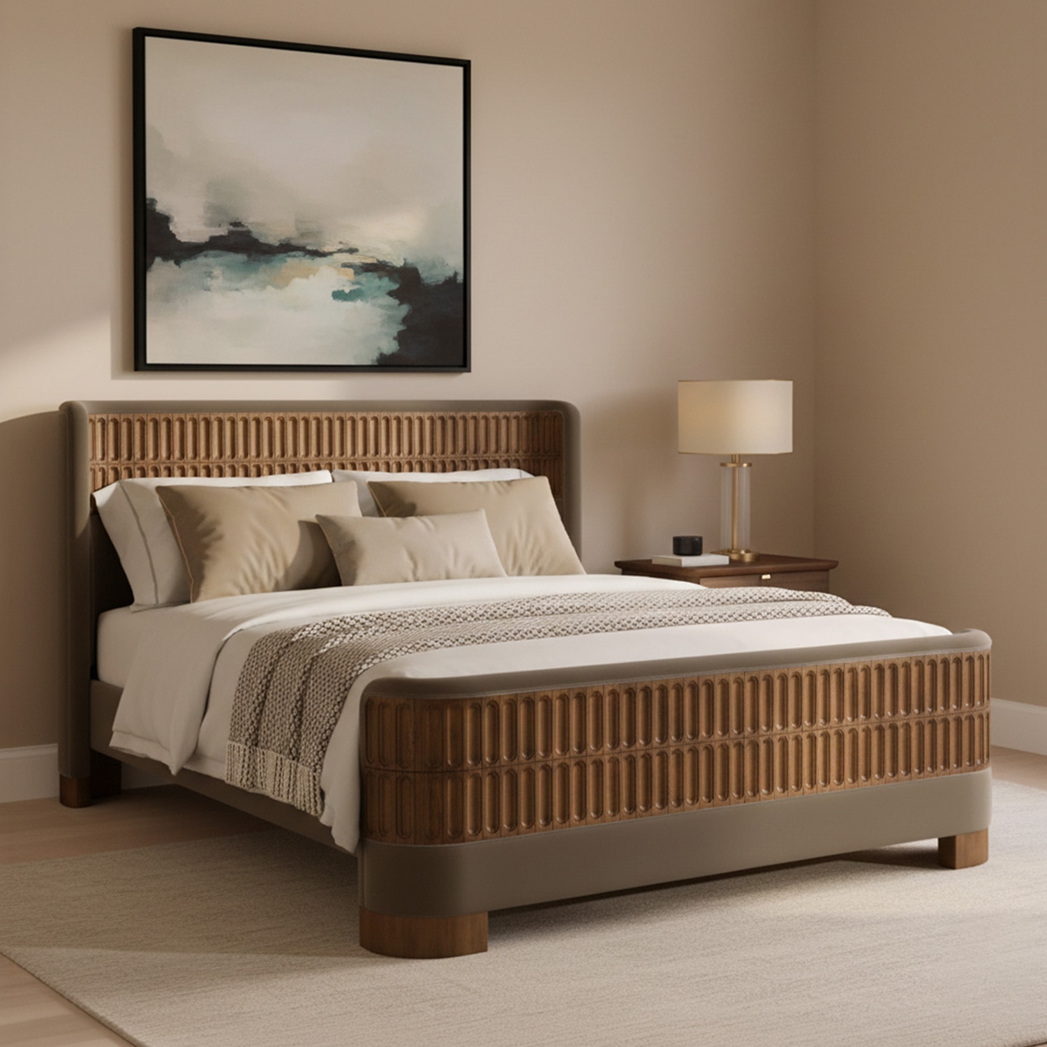 Heritage Cane Upholstered Queen Size Bed in Linen With Oak wood Frame - Nestroots