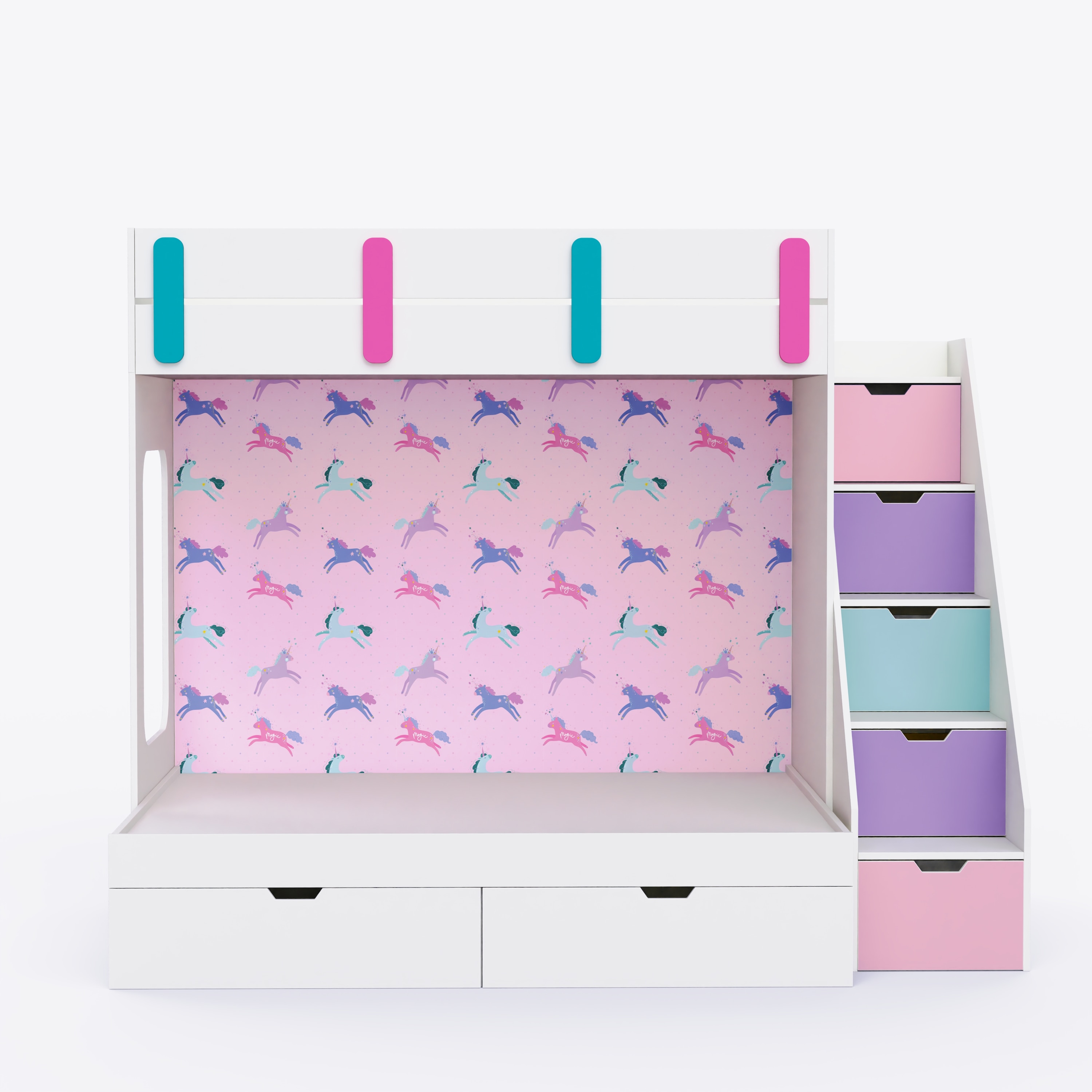 Pattern Dreams Bunk Bed  6X5 (Drawers On Wheels) In White & Pink Colour