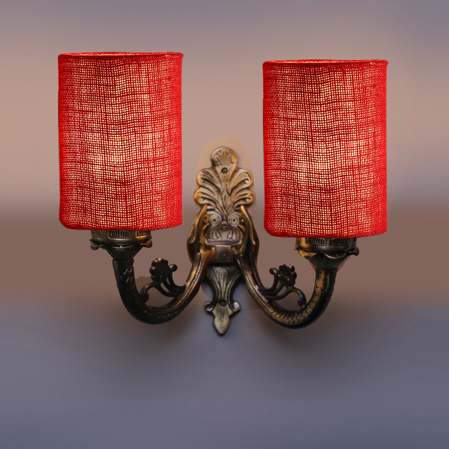 Devansh Metal Electric Wall Light in Antique Gold Colour with Maroon Shade Count of 2 Lights - Devansh