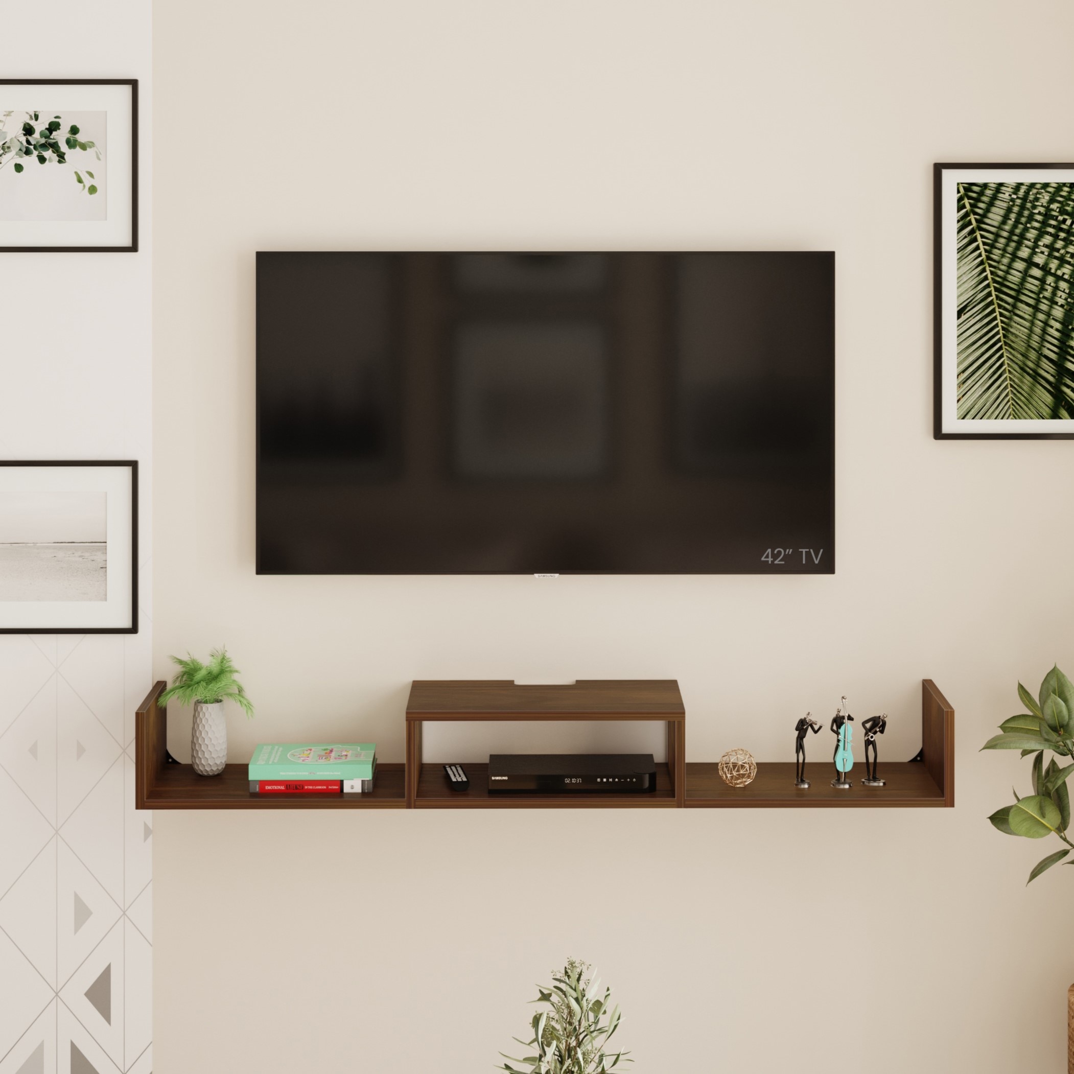 BLUEWUD Aero Engineering Wood Wall Mount TV Entertainment Unit Panel Set Top Box Stand/TV Cabinet with Shelves for Books & Decor Display Unit Living Room Large Upto 50 Inches (Brown Maple)