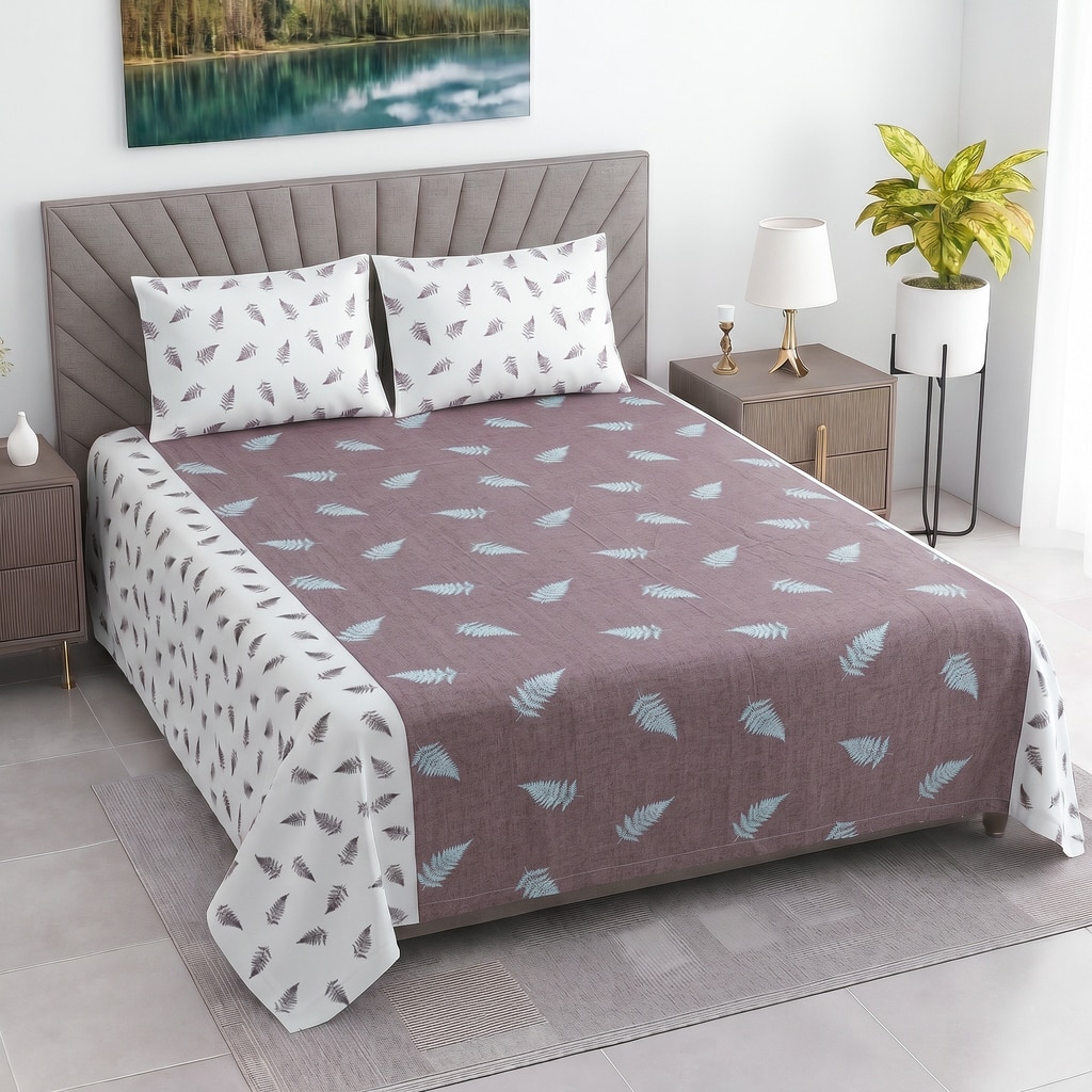 White And Plum Shade Floral Cotton 400 Tc Flat Super King Size Bedsheet With 2 Pillow Covers-image-18