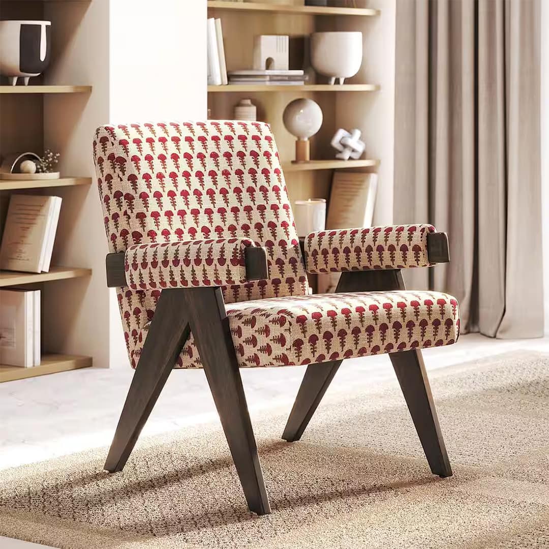Chandigarh Lounge Chair in Crimson Floral Buti Colour - Urban Ladder