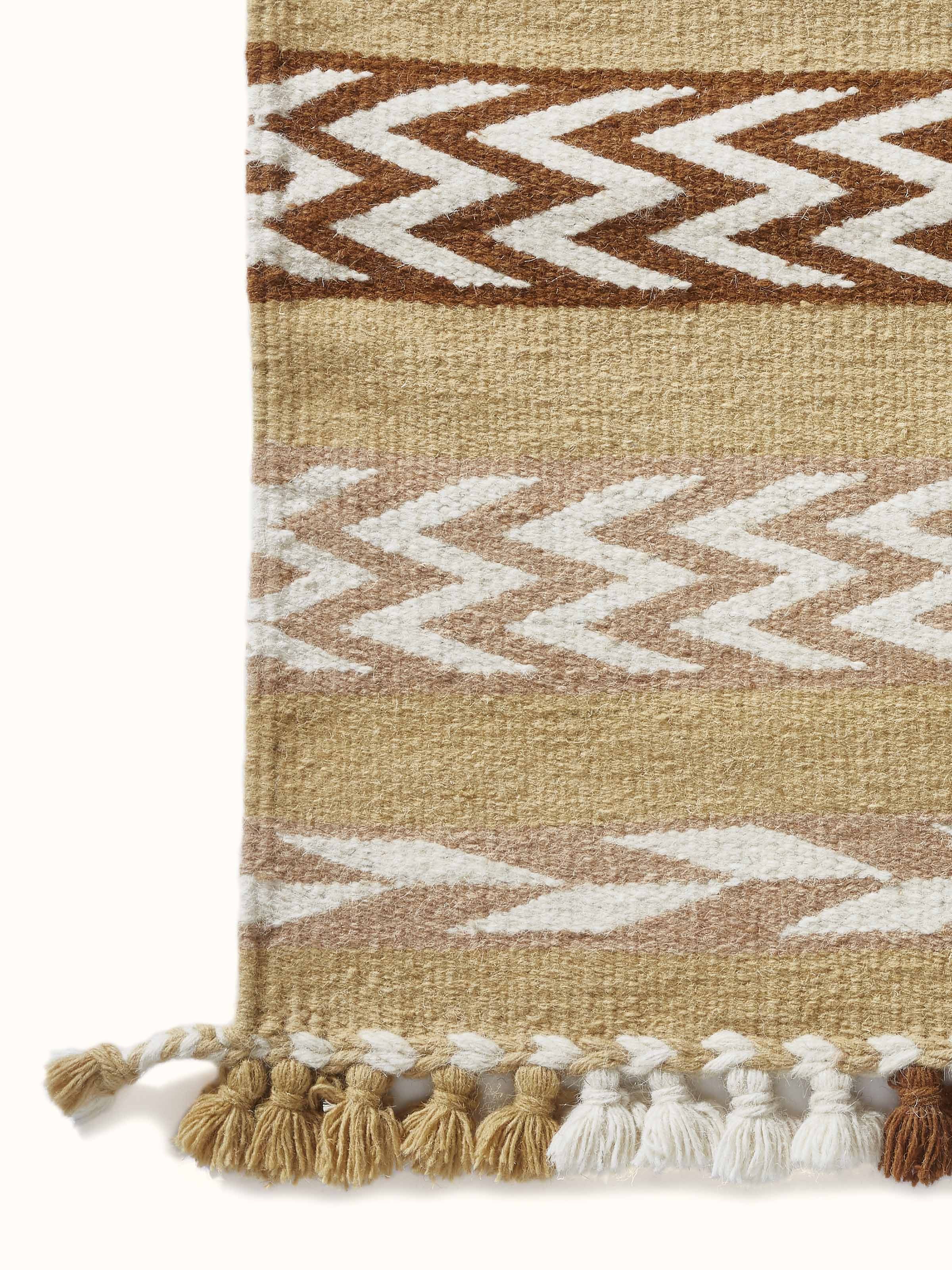 Detailed view of Chevron Stripes Yellow Gujarat Wool & Cotton Panja Dhurrie Kharad focusing on the fabric weave.