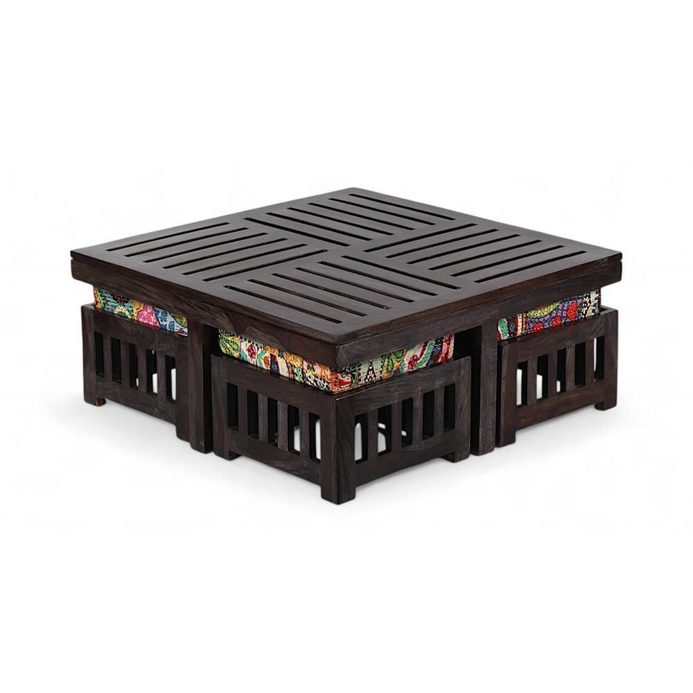 Palladio Sheesham Wood Coffee Table With 4 Stools Set In Mahogany Finish & Multi Colour Israel Print Kantha Fabric Cushions