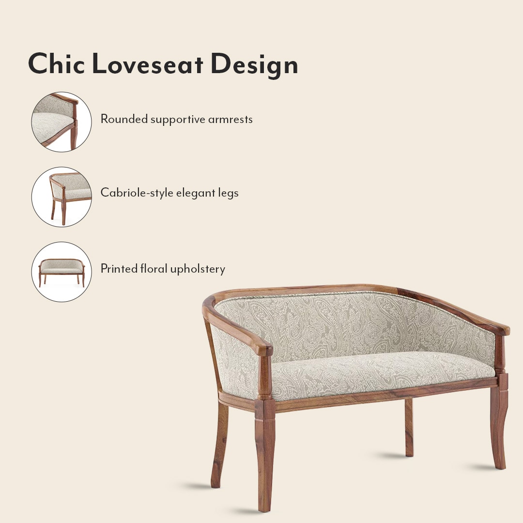 Florence Loveseat 2 Seater In Teak Finish With Monochrome Paisley Colour