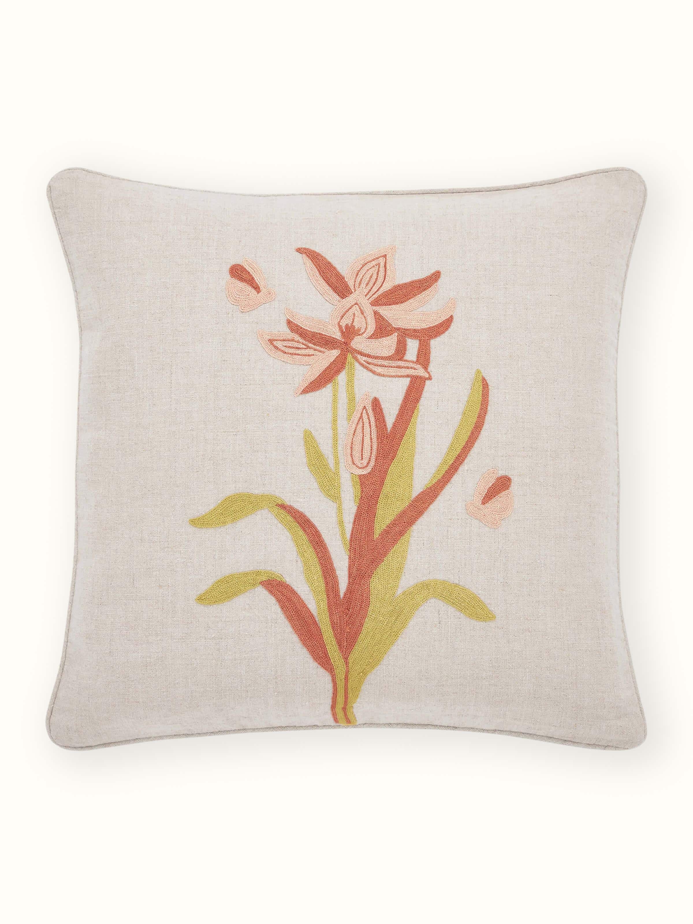 Mansur Peach Tulip Linen Kashmir Chain Stitch Hand Embroidery Cushion Cover