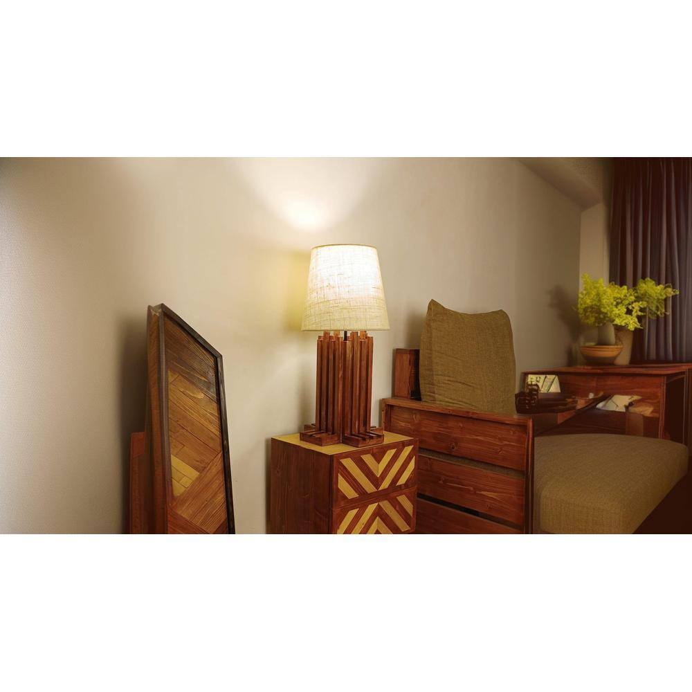 Palisade Brown Wooden Table Lamp with White Fabric Lampshade