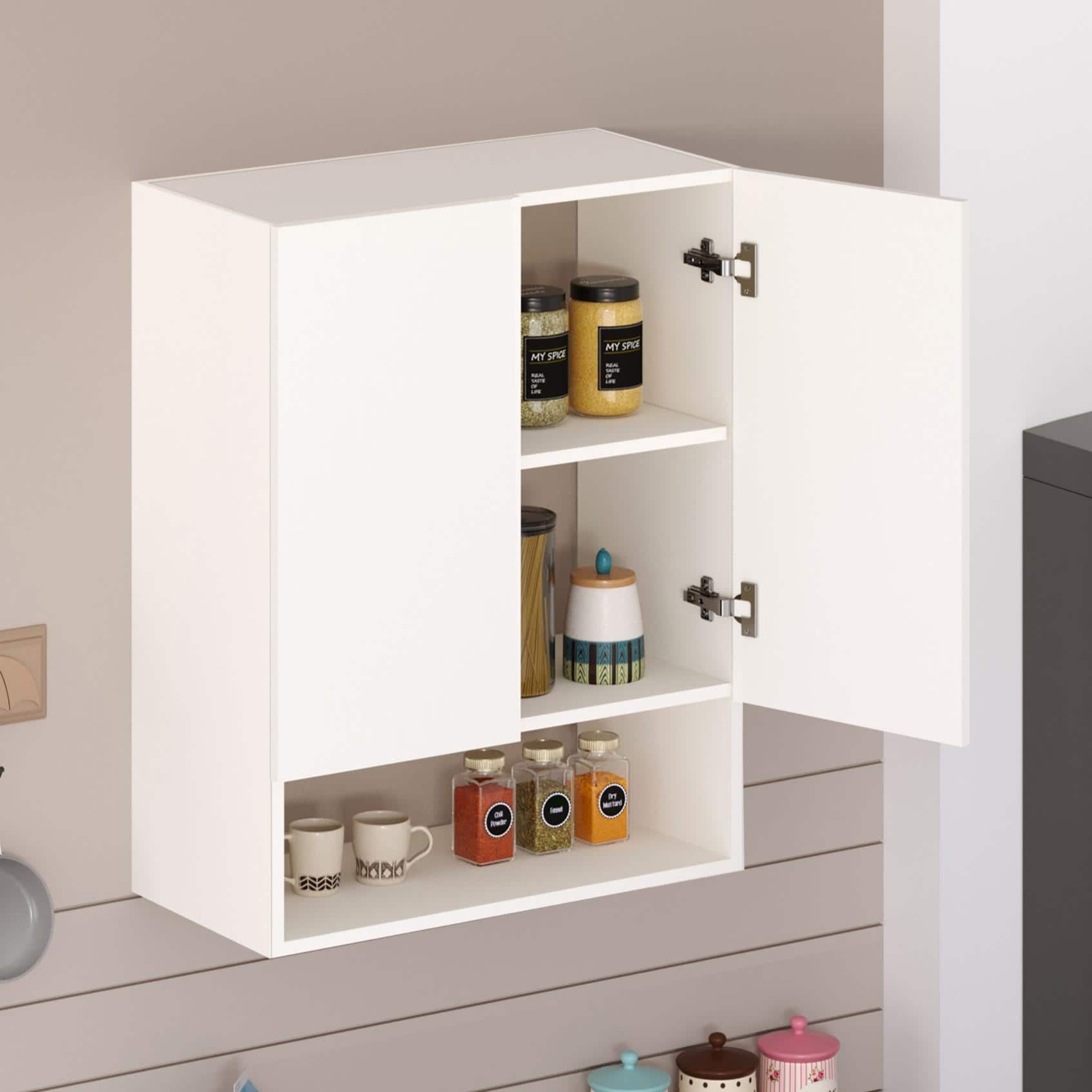 Opryt Engineered Wood Wall Mounted with Shelf Kitchen Cabinet Rack In White Finish