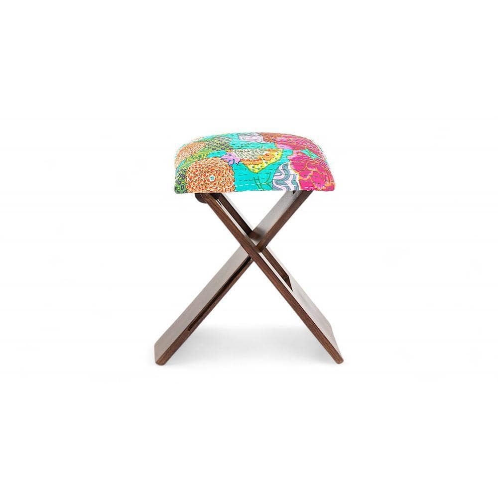 Dayton Sheesham Wood Mid Century Square Set of 2   Stools in Sea Green Fruit Print Kantha Upholstery