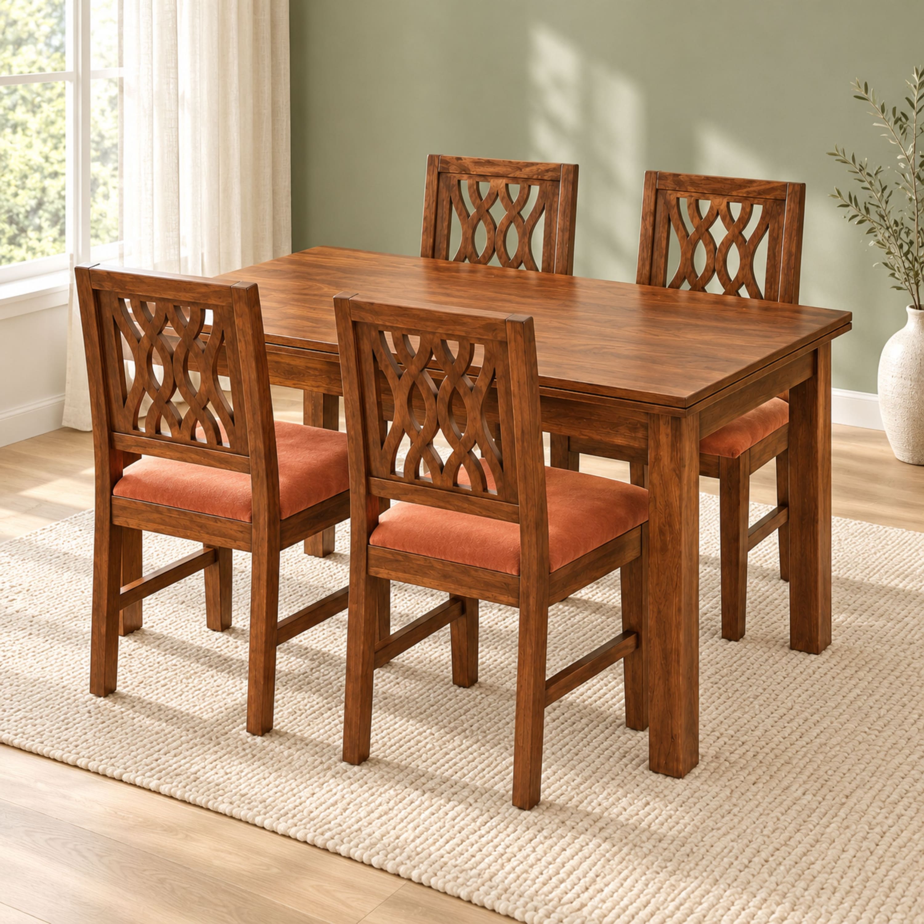 Globally Indian Bandhana Solid Sheesham Wood 4 Seater Dining Table Set 4 Chairs Terracotta Orange