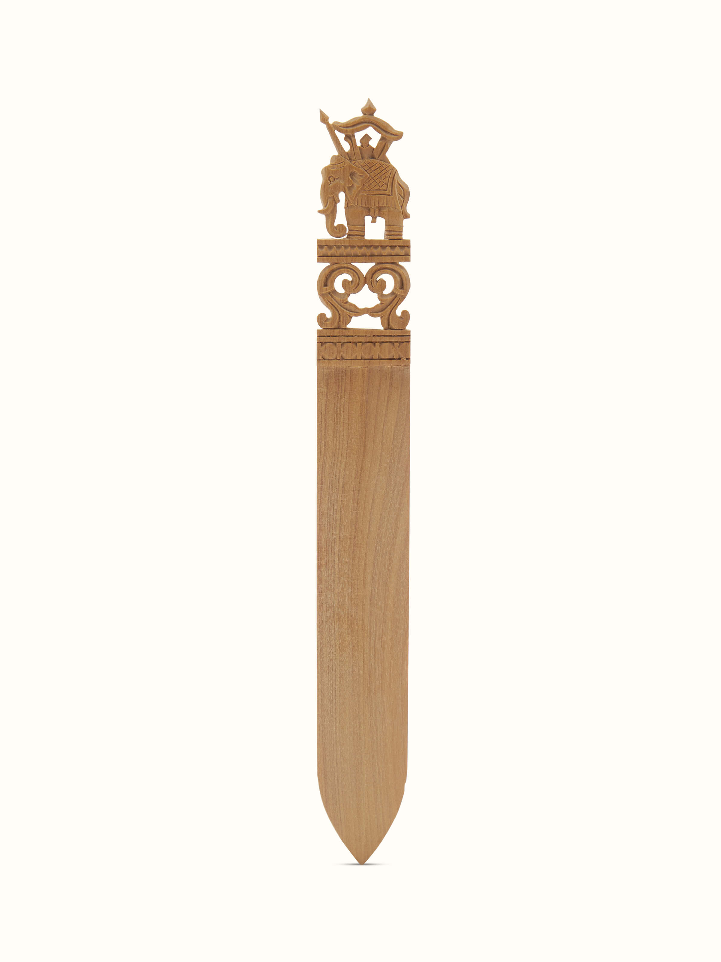 Close-up view of Carved Sandalwood Paper Cutter from Swadesh emphasizing the delicate carvings and luxurious wood finish