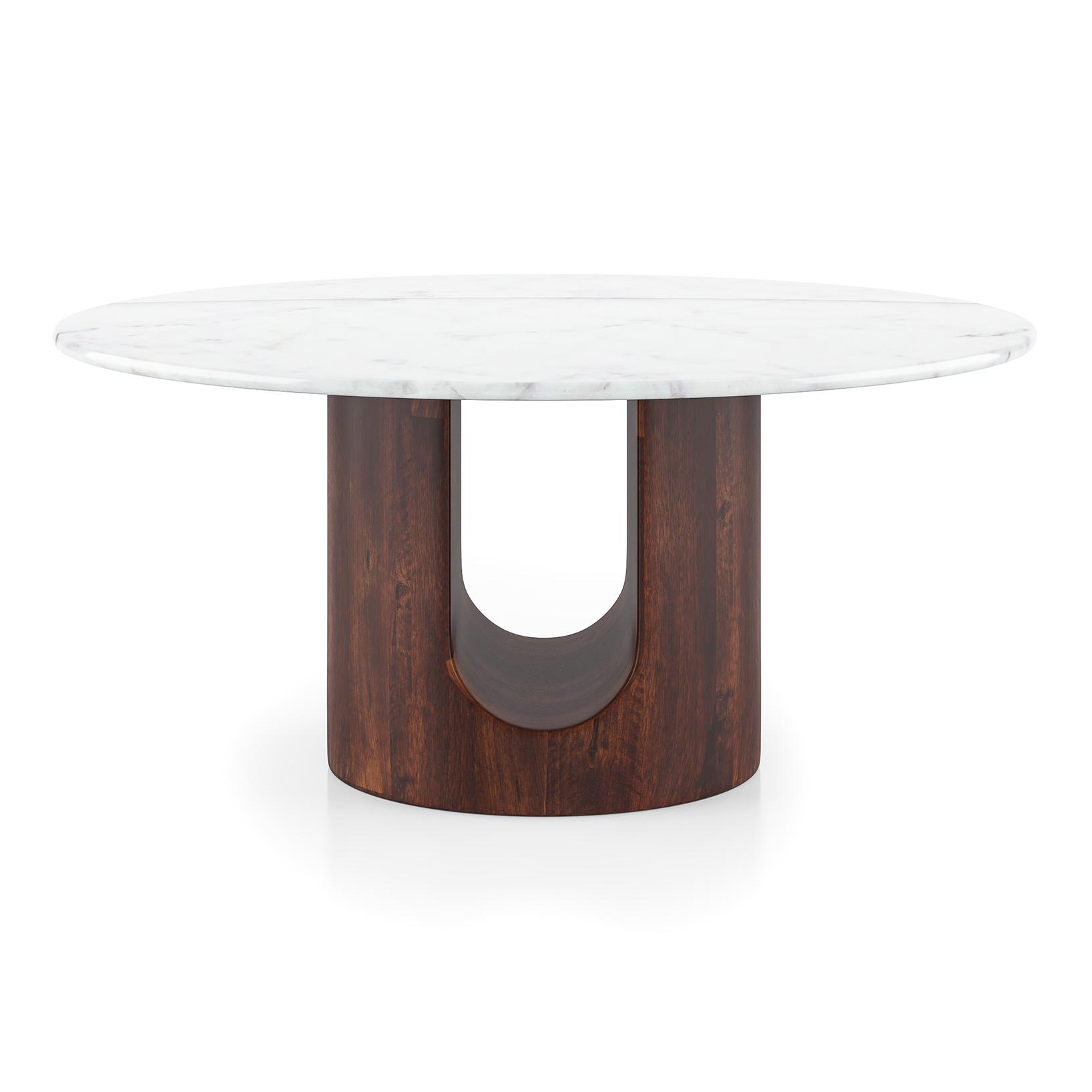 Orra Round White Marble And Solid Wood Coffee Table In Walnut Finish