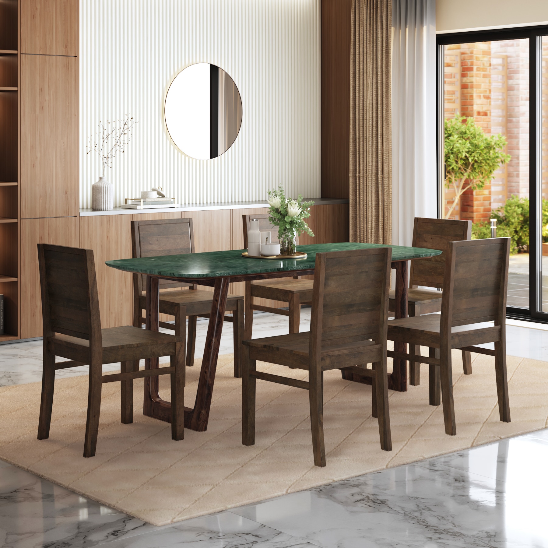Adria Jade Green Marble 6 Seater Dining Table With 6  Atlas Wooden Seat Dining Chairs (Finish : Jade Green)