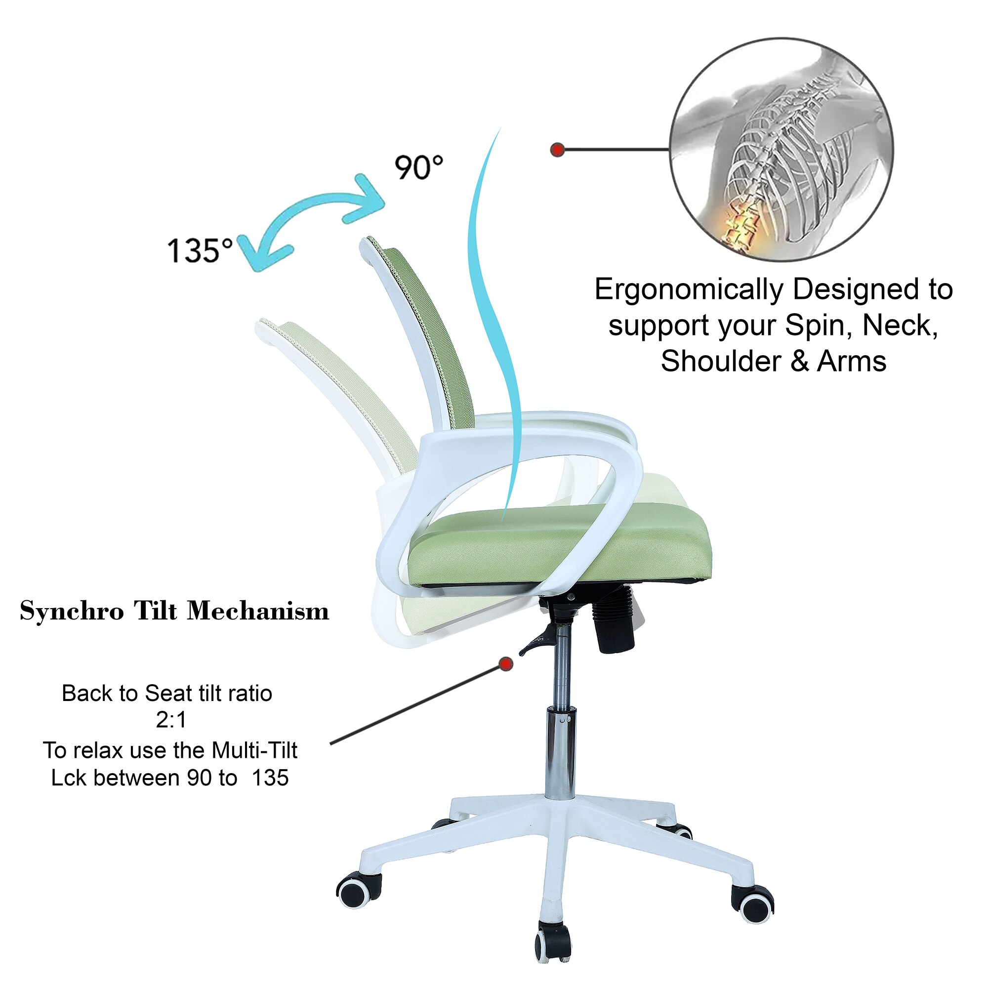 Naamikoa Mid Back Ergonomic Chair in Pearl Green Colour