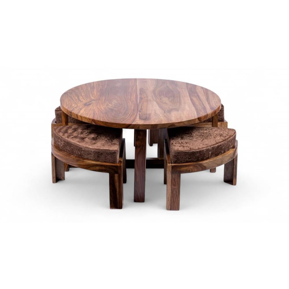 Nashville Sheesham Wood 4 Seater Coffee Table Set In Teak Finish Brown Sparkle Velvet Cushion