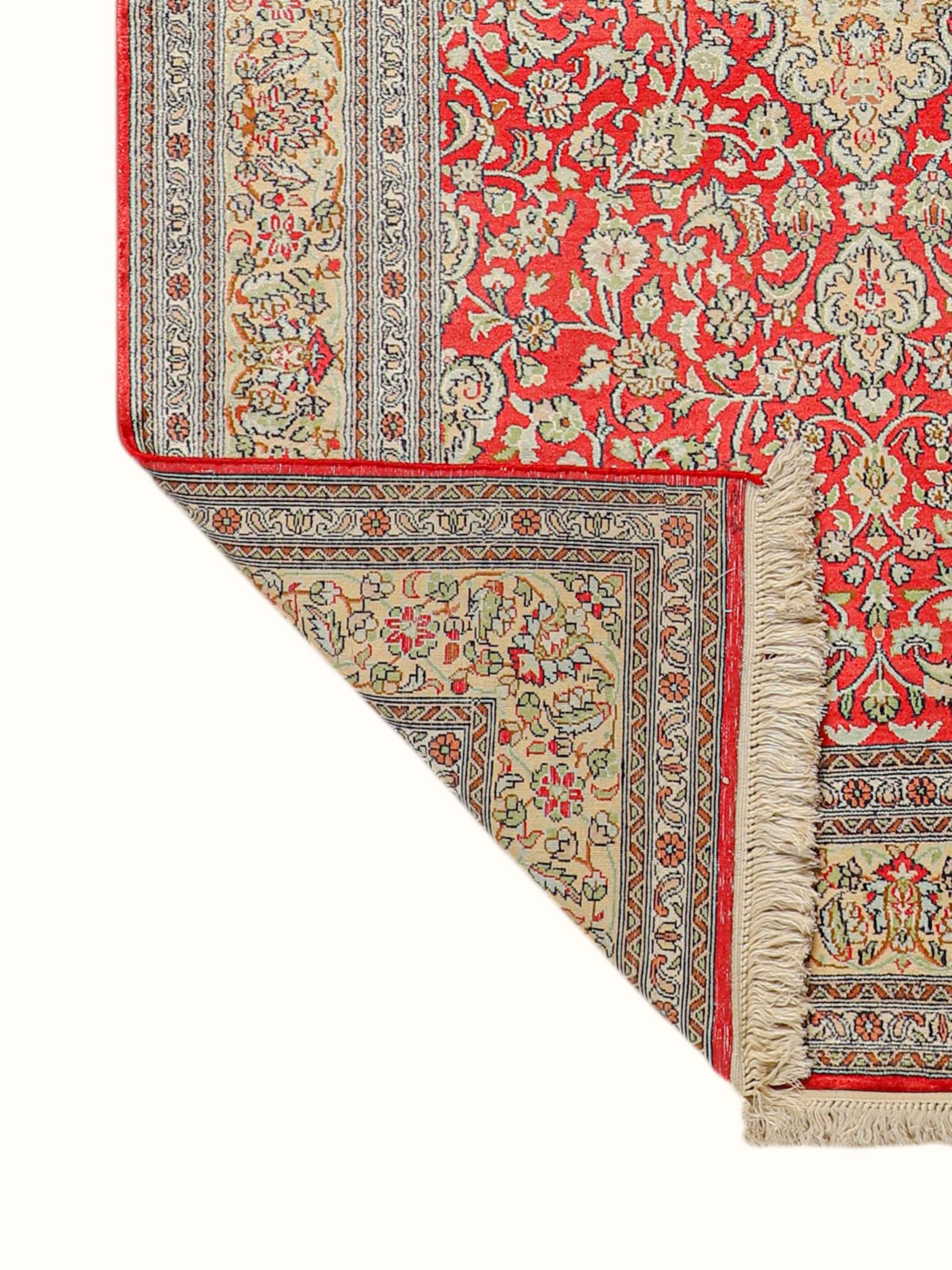 Traditional Persian Red Ivory Kashan Kashmir Silk Hand-Knotted Carpet