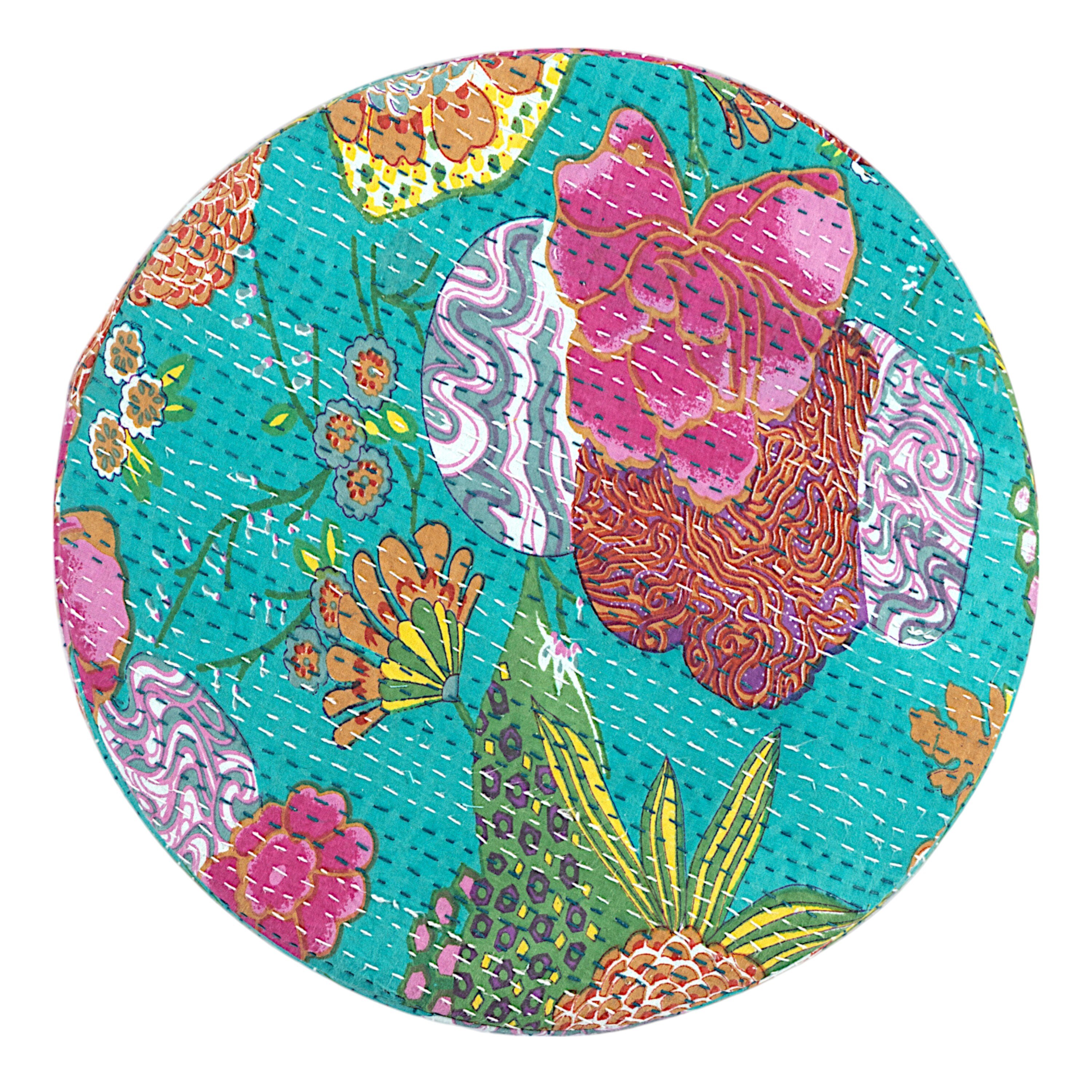 Roswell Sheesham Wood Mid Century Round Stool in Sea Green Fruit Print Kantha Upholstery